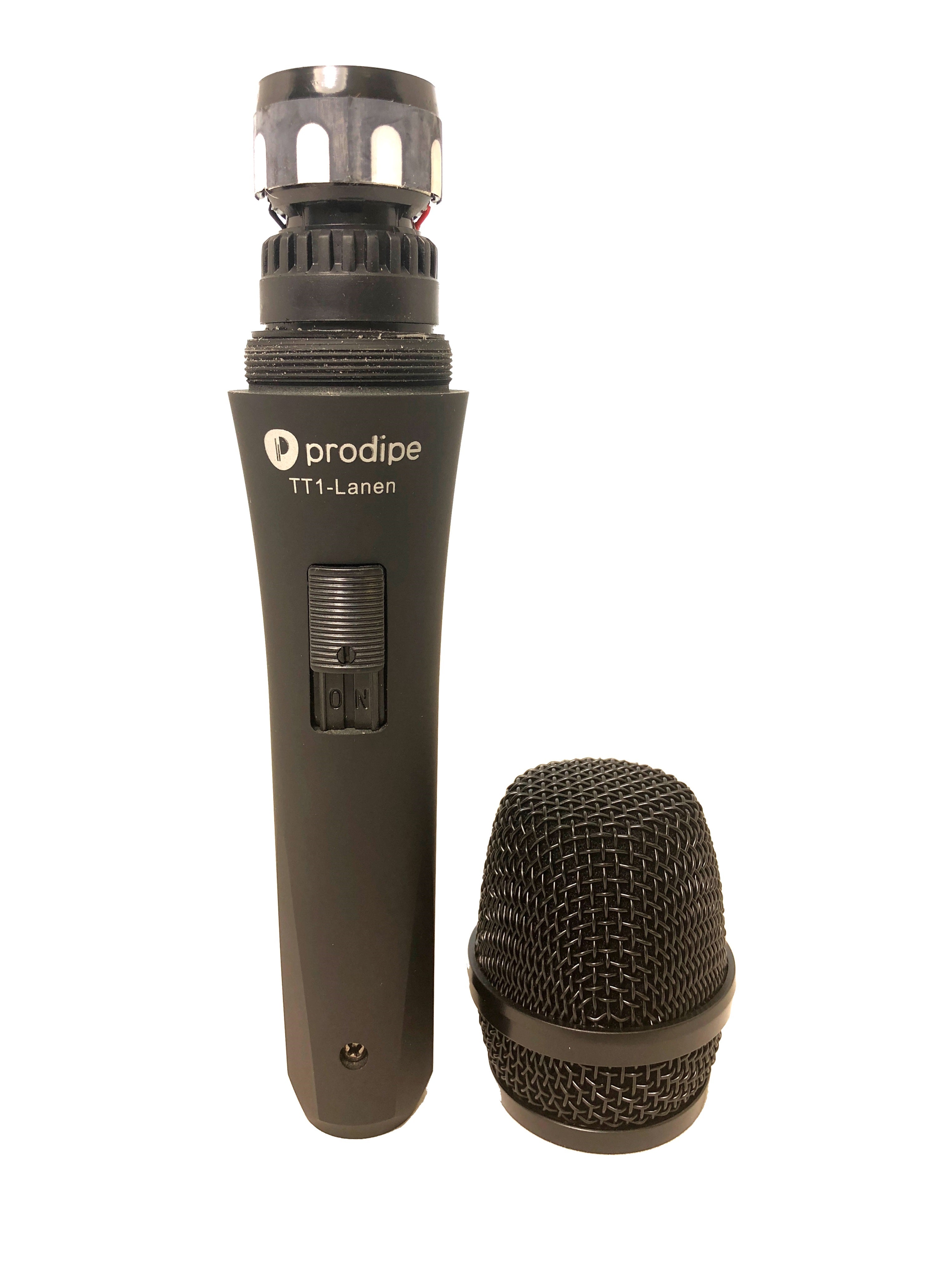 Prodipe TT1-Lanen handheld microphone with the mesh grille removed and placed next to the exposed microphone capsule and handle.
