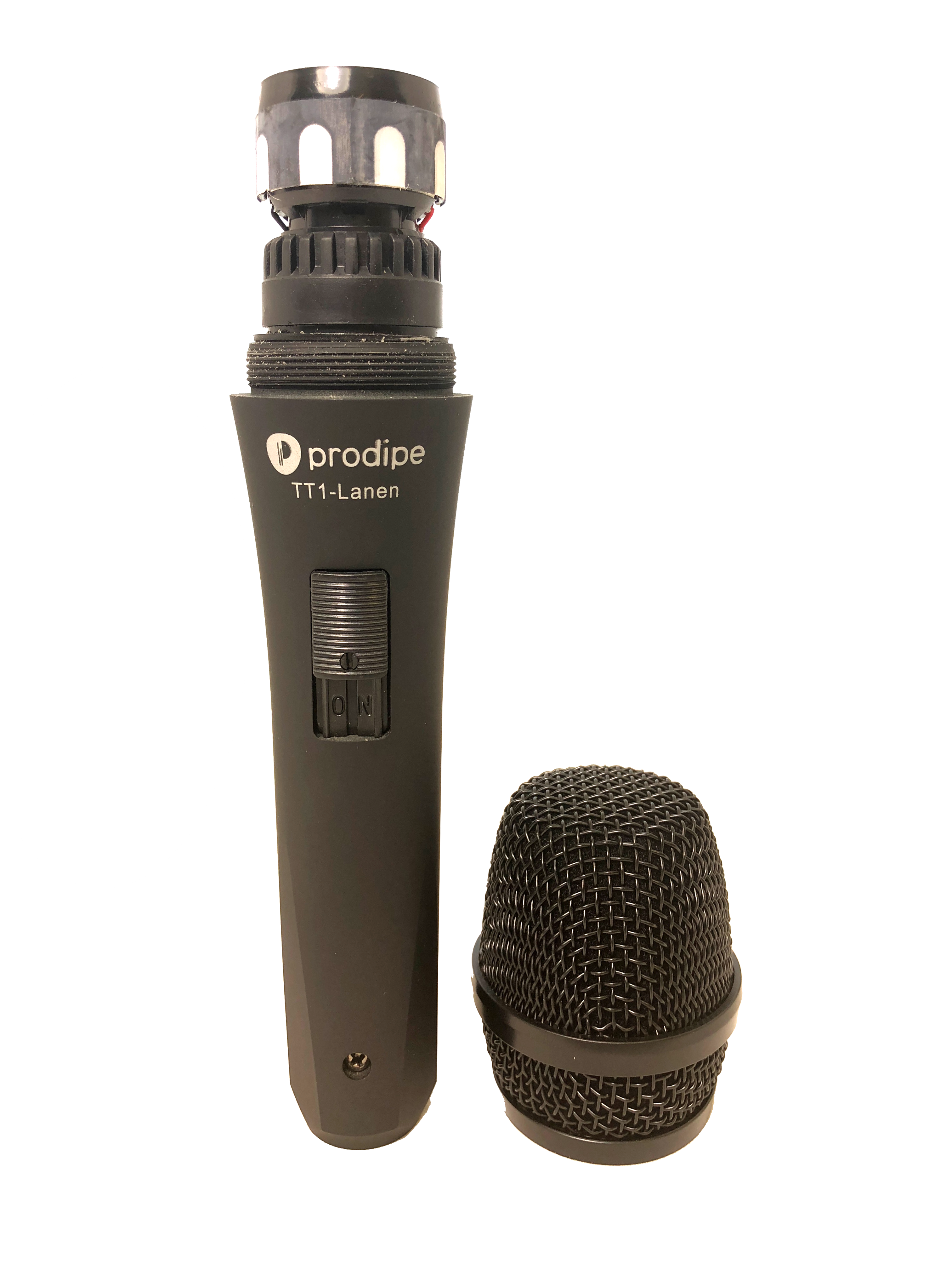 Handheld Prodipe TT1-Lanen microphone with its metal mesh grille removed and placed beside the mic body, exposing the internal components.