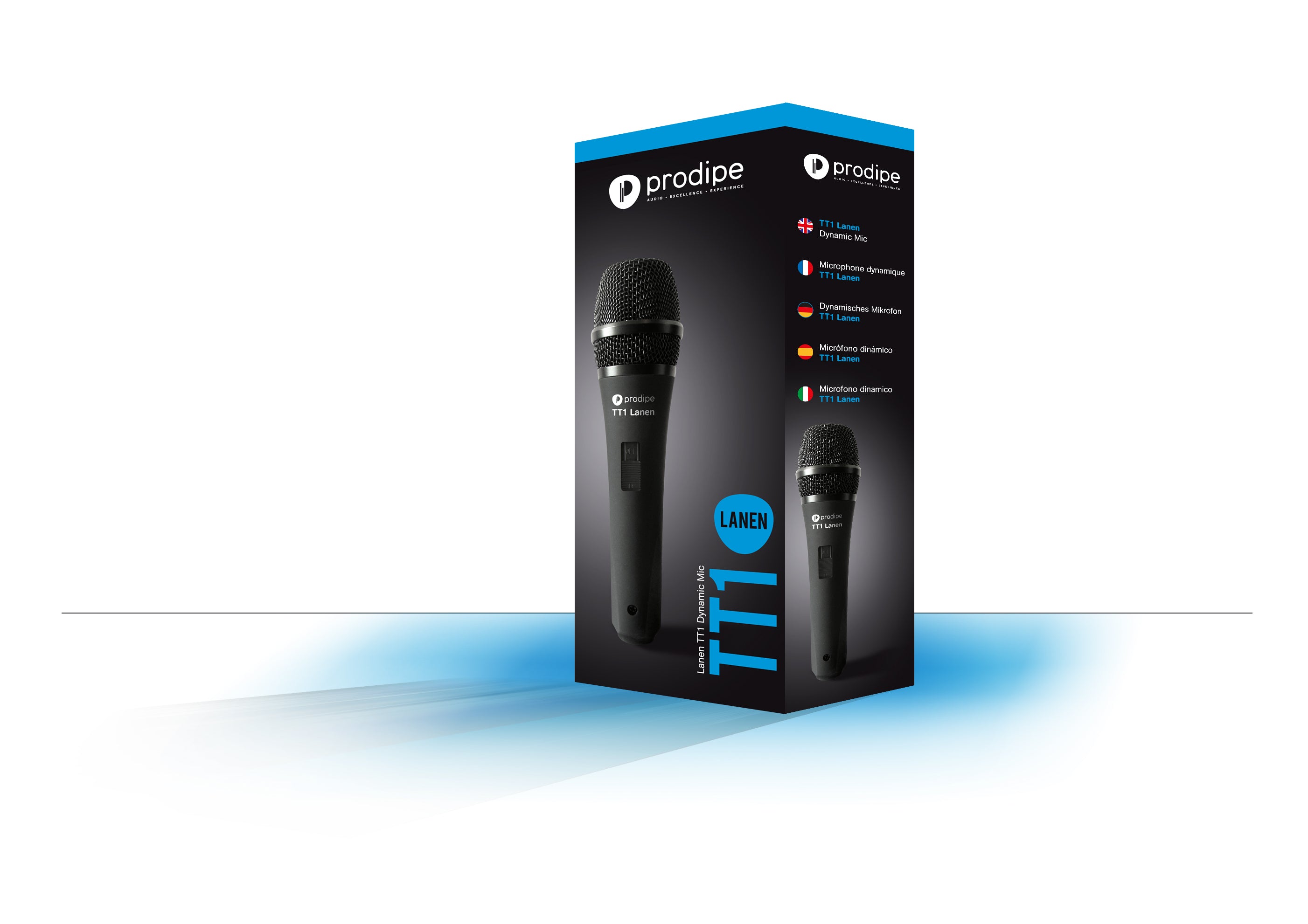 Prodipe TT1 Lanen dynamic microphone shown on its packaging, with product details listed in five languages and a large blue TT1 label.