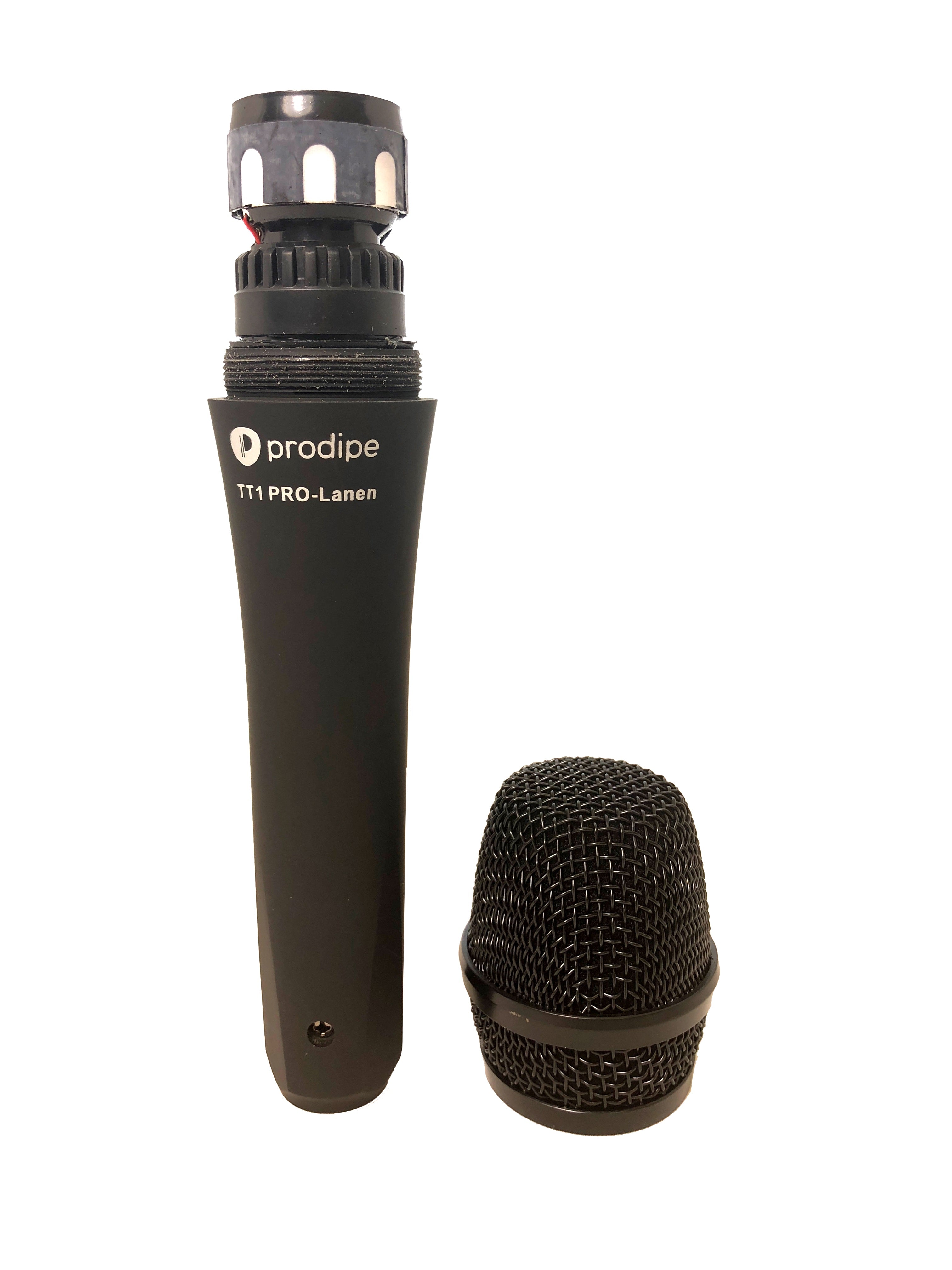 A Prodipe TT1 PRO-Lanen handheld microphone with its metal grille unscrewed and placed beside the exposed microphone capsule.