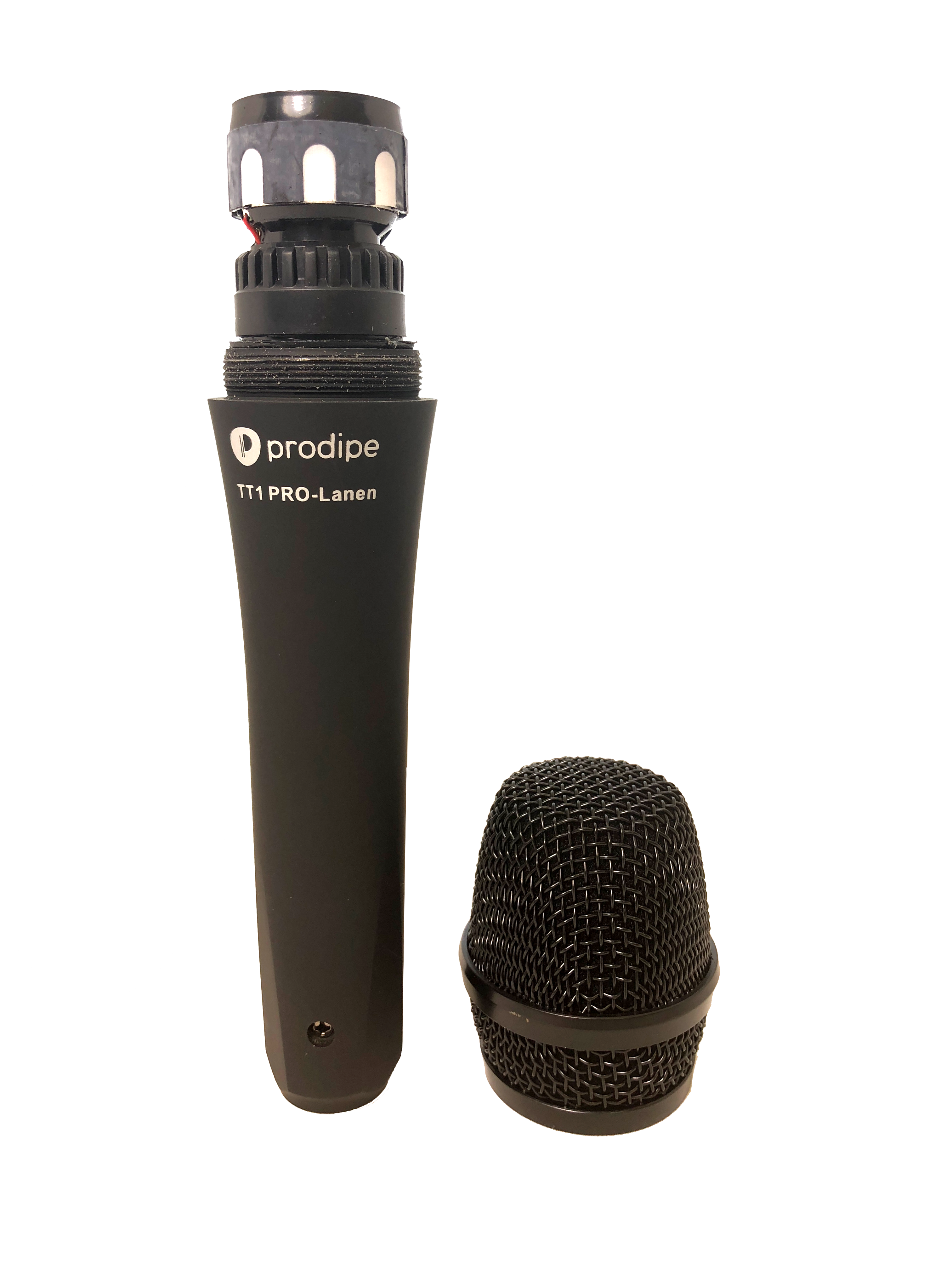 Black handheld microphone labeled Prodipe TT1 PRO-Lanen with its metal mesh head removed and placed beside the body, exposing the capsule.