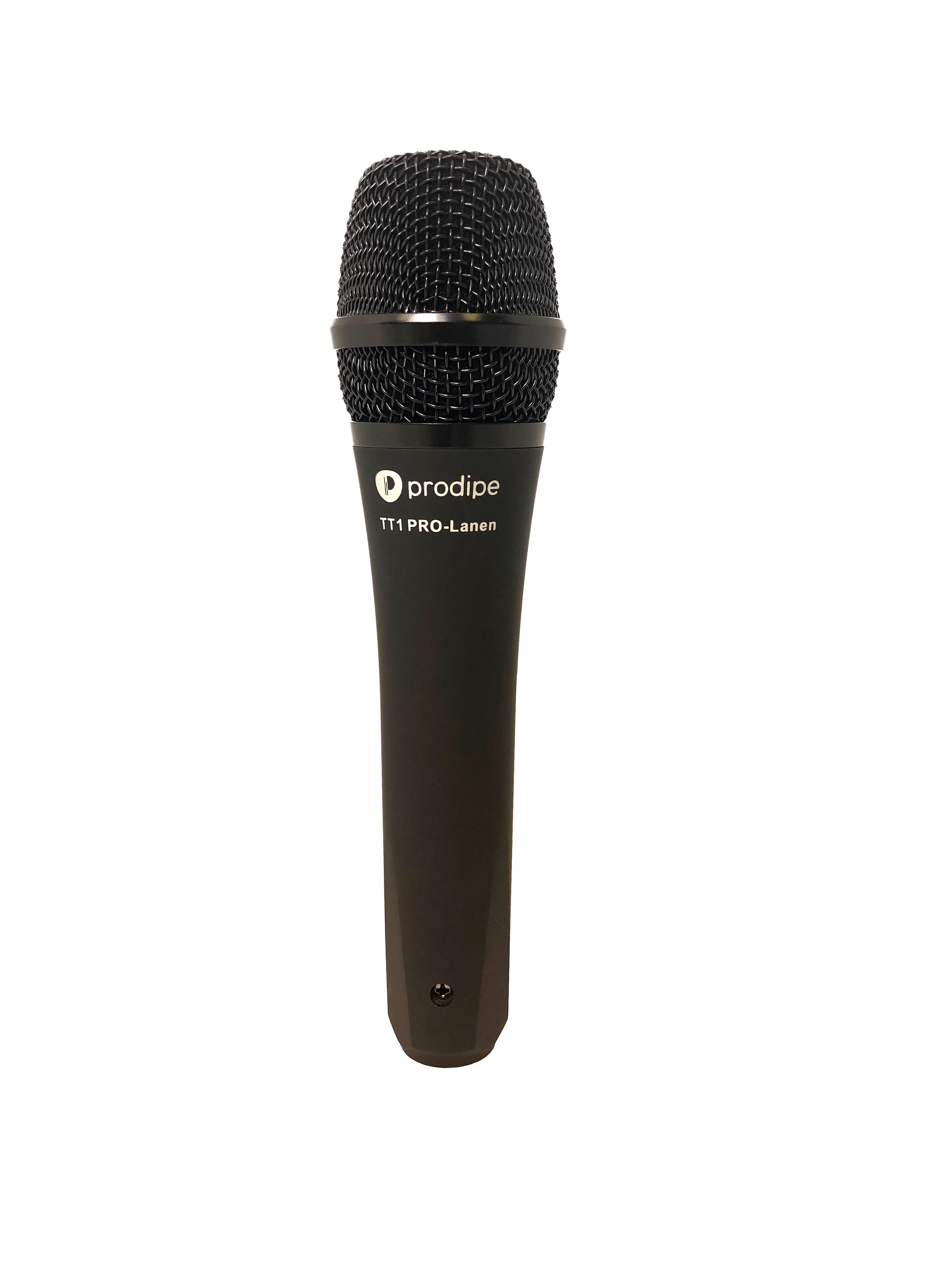 Handheld black dynamic microphone labeled "Prodipe TT1 PRO-Lanen," with a metal grille and cylindrical body.