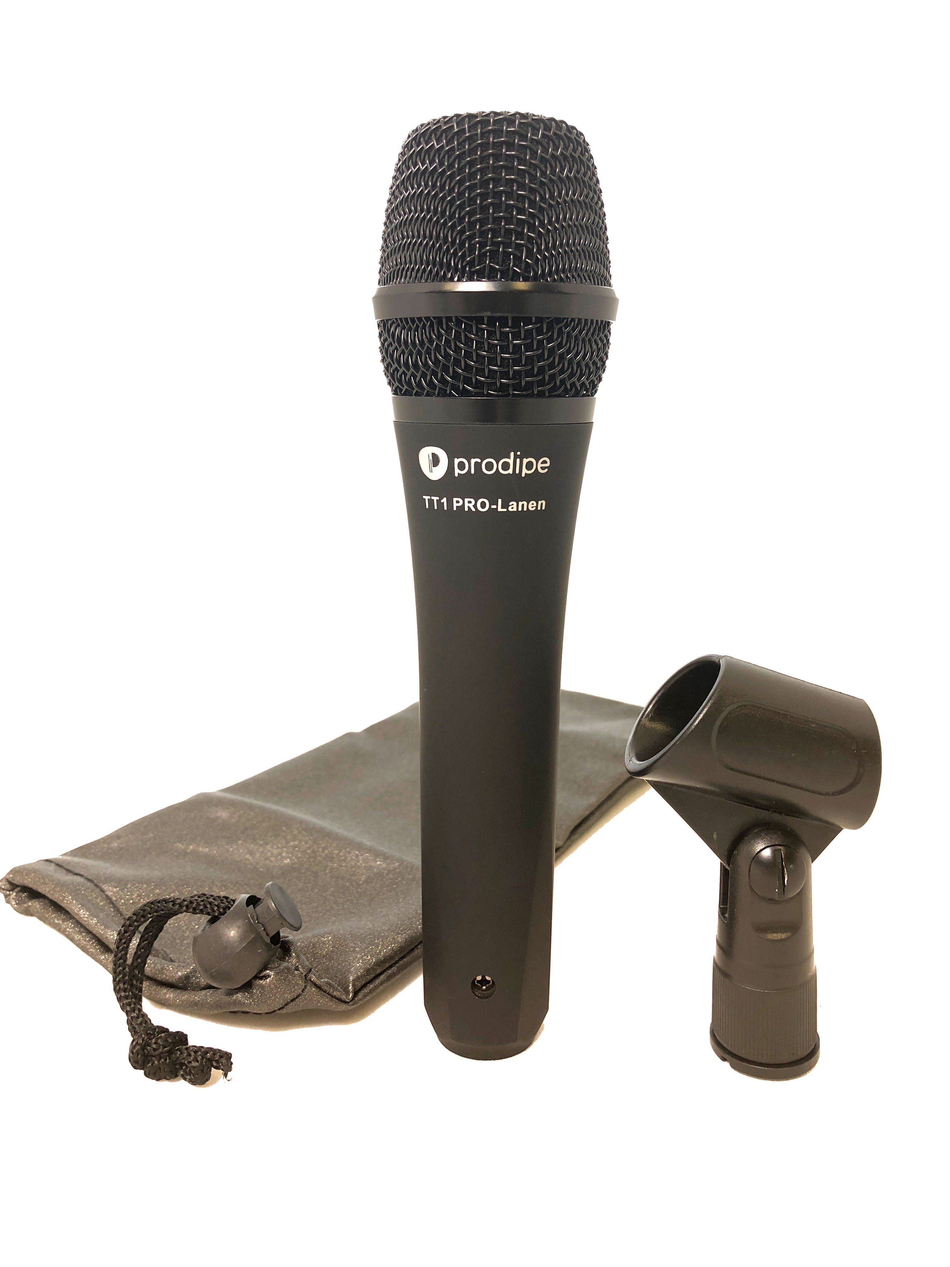 Black Prodipe TT1 PRO-Lanen handheld microphone with a mesh grille, shown with a mic clip and a soft carrying pouch.