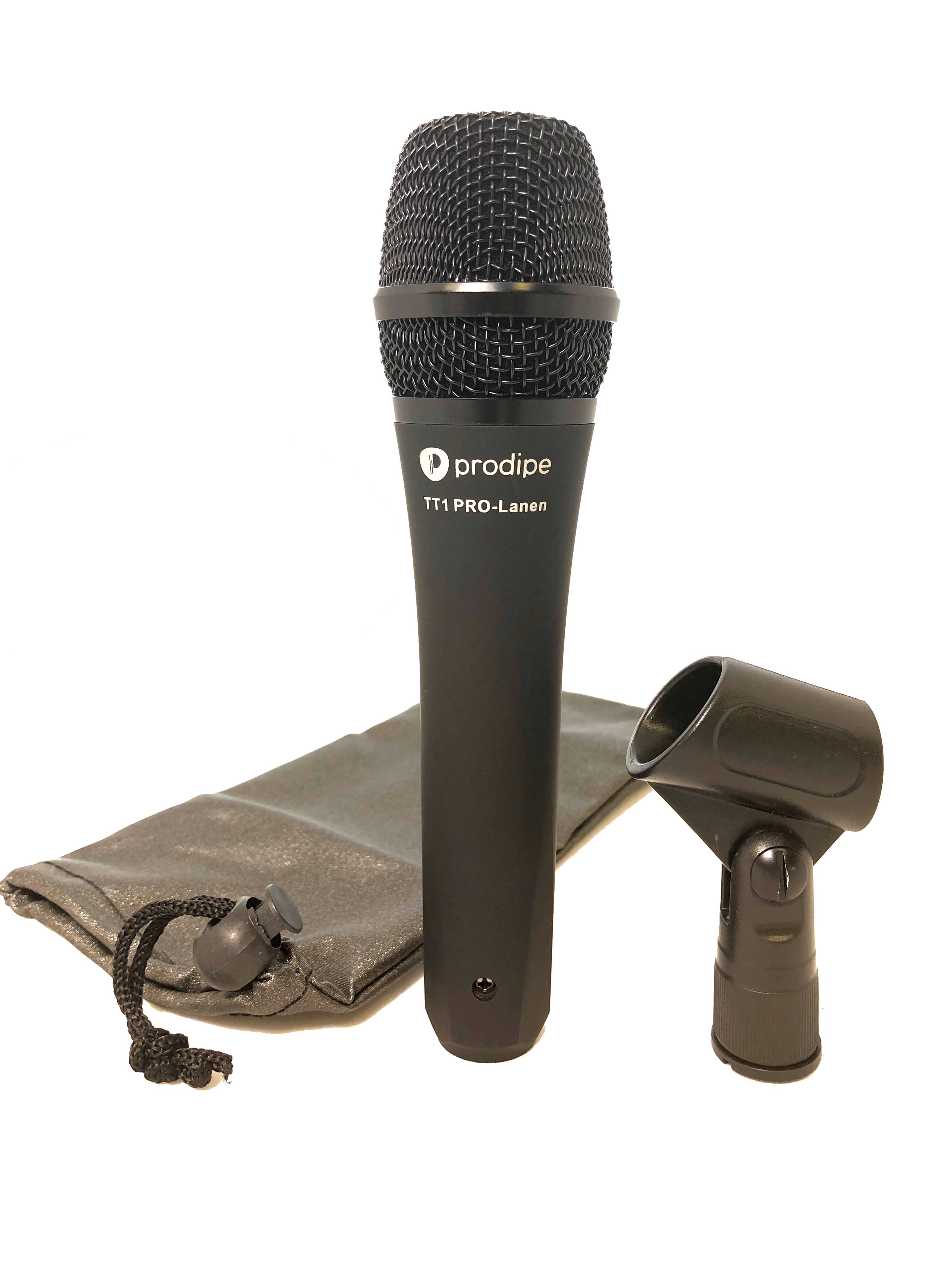 Handheld Prodipe TT1 PRO-Lanen microphone stands upright, with a mic clip and soft carrying pouch positioned beside it.