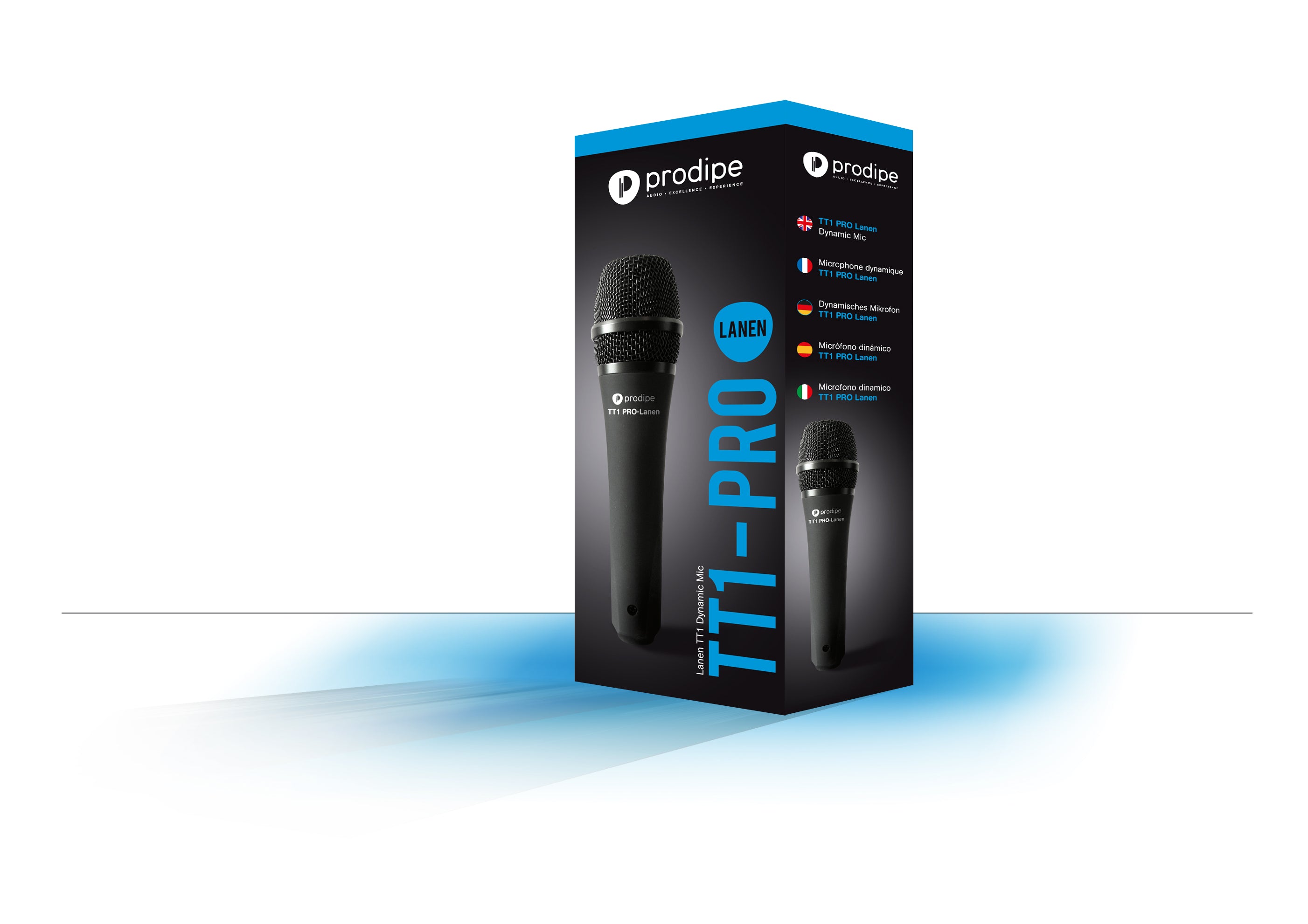 Prodipe TT1 PRO-Lanen dynamic microphone box, black with blue accents, features multilingual text and images of the microphone on the packaging.