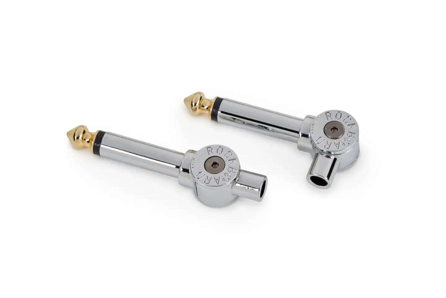 Two right-angle chrome audio adapters with gold tips, labeled "ROCKBOARD" on each round base, used for connecting audio cables.