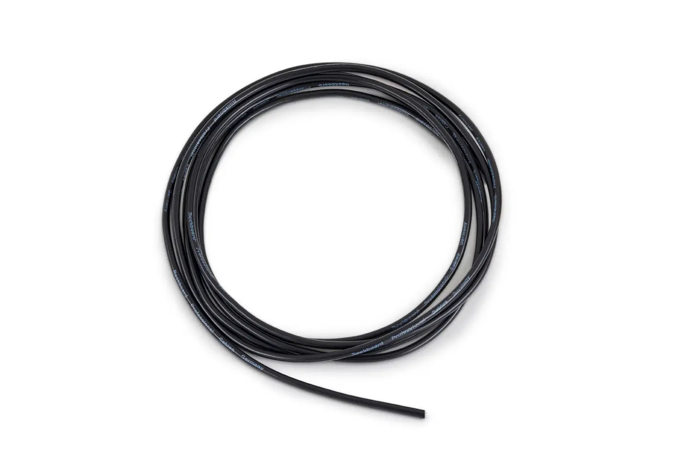 Coiled length of black tubing, accessory product; flexible with blue text markings along the surface, one end loose and untangled.