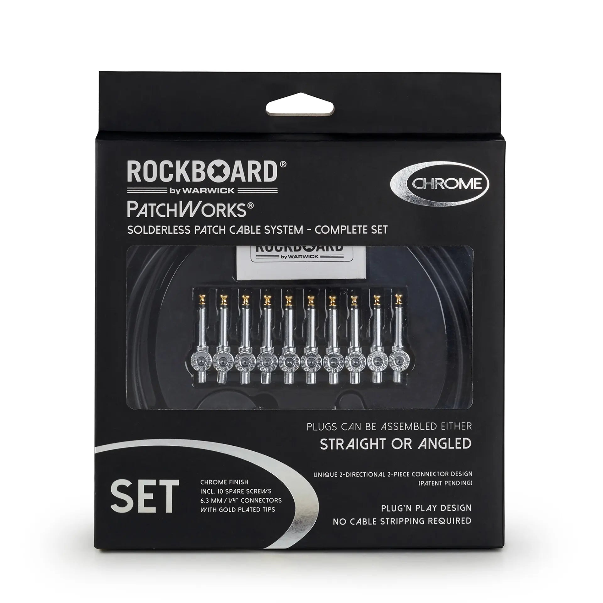 RockBoard PatchWorks solderless patch cable set with chrome 1/4" connectors visible in packaging. Plugs can be assembled straight or angled.