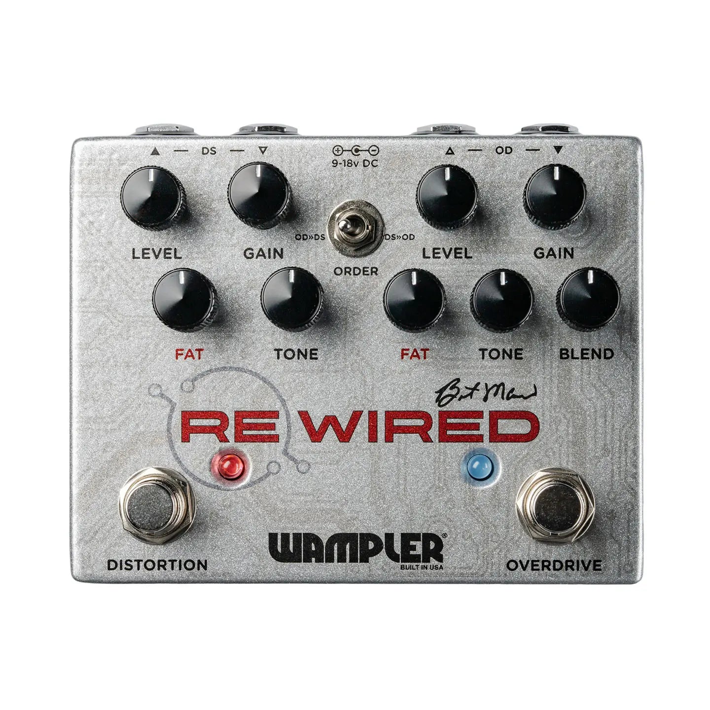 Silver Wampler Re Wired FX pedal with two footswitches, multiple knobs for level, gain, tone, and blend, labeled distortion and overdrive.