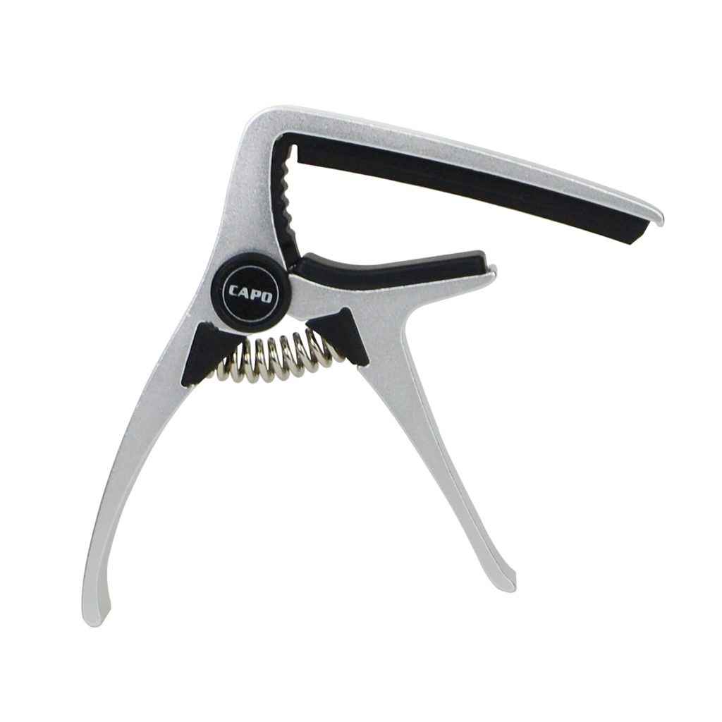 Silver guitar capo with a spring-loaded clamp design and black rubber padding for gripping the strings.