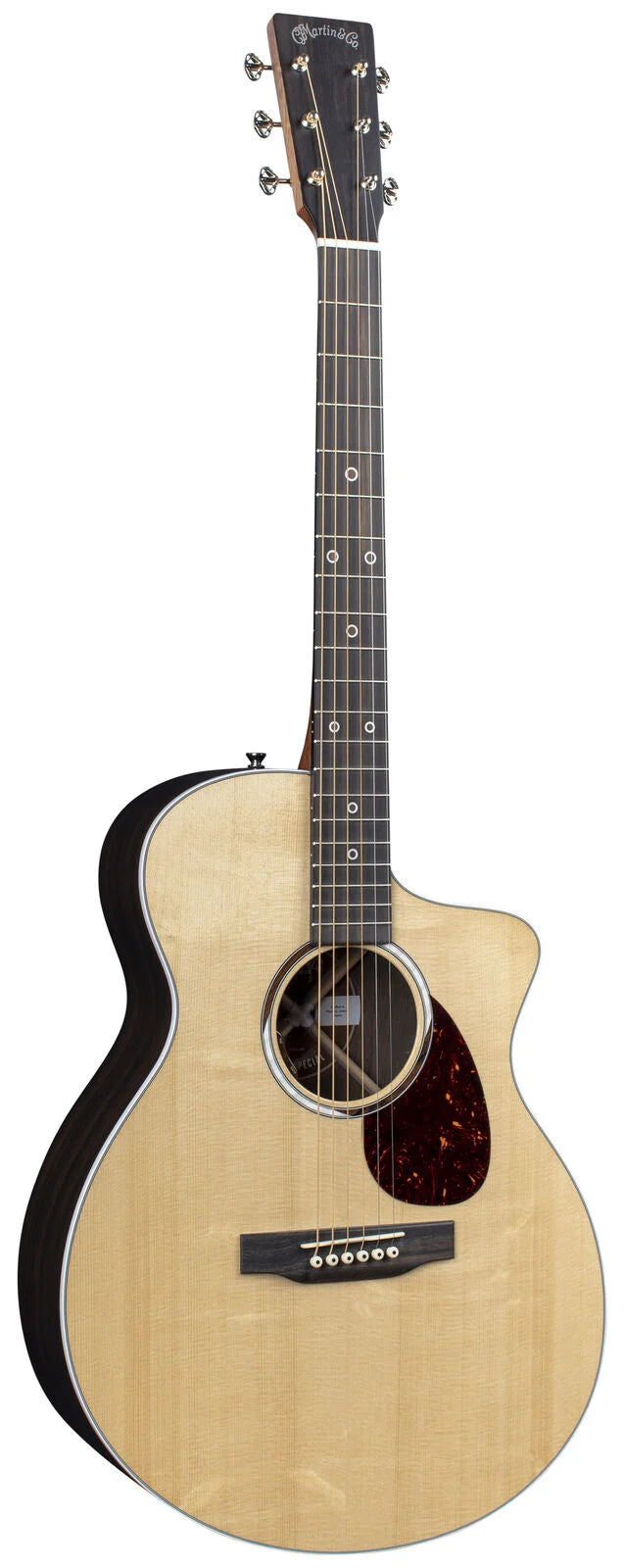 Martin & Co acoustic guitar with a light wood top, dark sides, cutaway body, six strings, circular sound hole, and tortoiseshell pickguard.