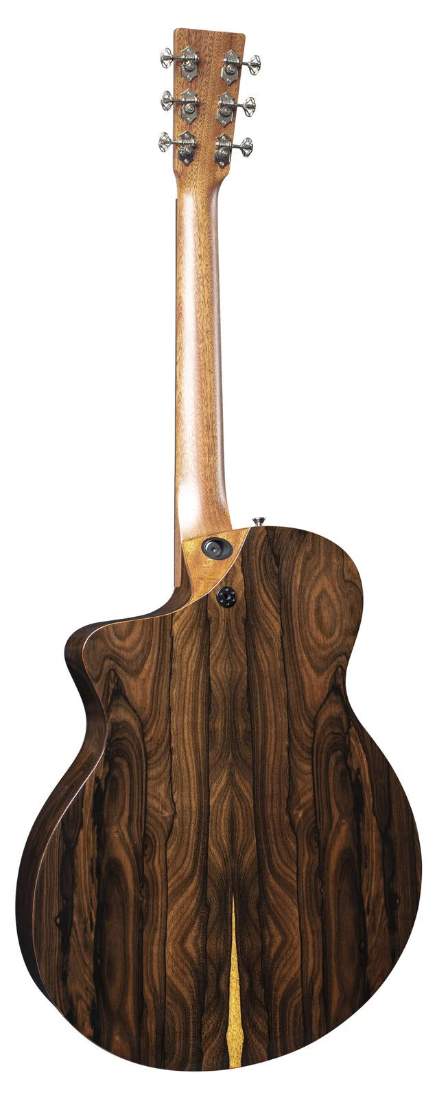 Back of an acoustic guitar with glossy dark wood featuring dramatic, wavy grain patterns and chrome tuning pegs.