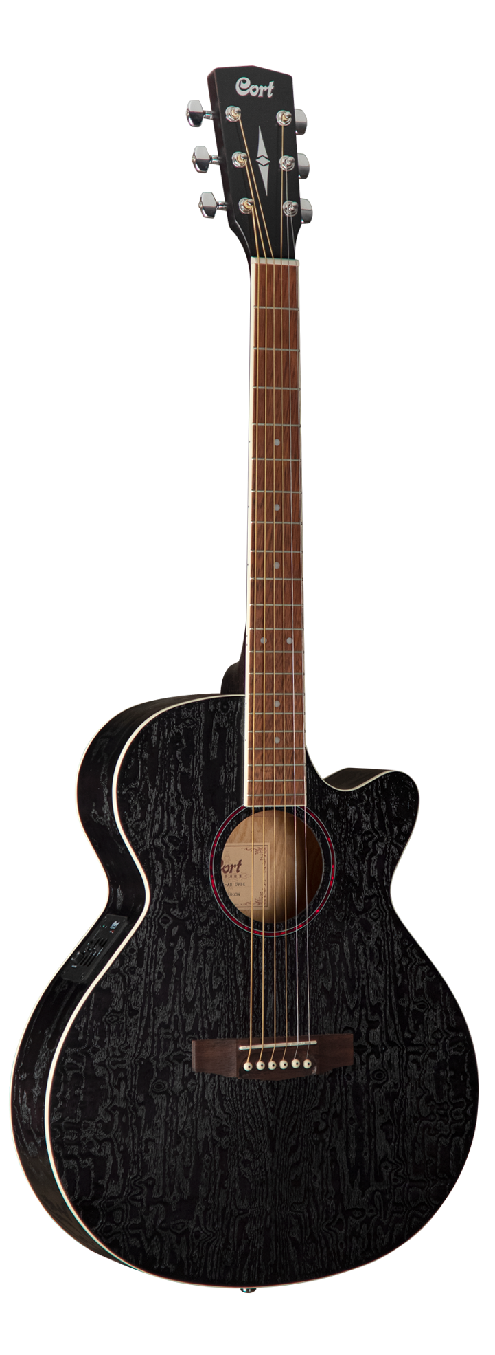 Cort acoustic guitar with a black wood grain body, cutaway design, light wood fretboard, and six steel strings.