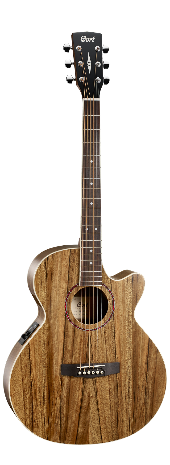 Cutaway acoustic guitar with a natural striped wood finish, six strings, dot inlays, and electronic controls on the upper side.