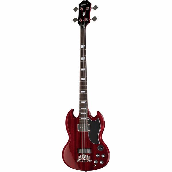 Cherry red Epiphone bass guitar with double cutaway body, four strings, two pickups, black pickguard, and silver control knobs.