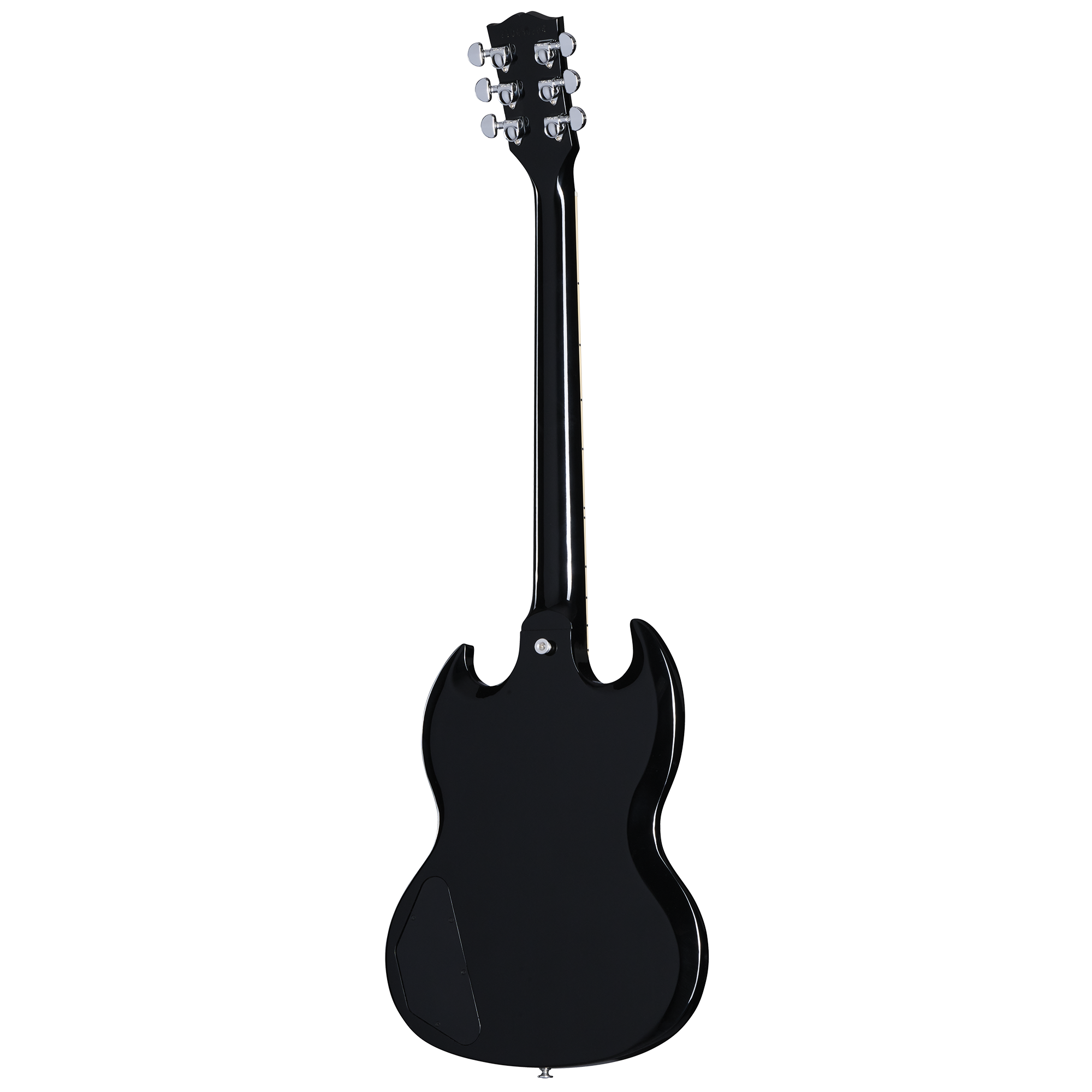 Black electric guitar shown from the back, featuring a glossy finish, double cutaway body shape, and silver tuning pegs on the headstock.