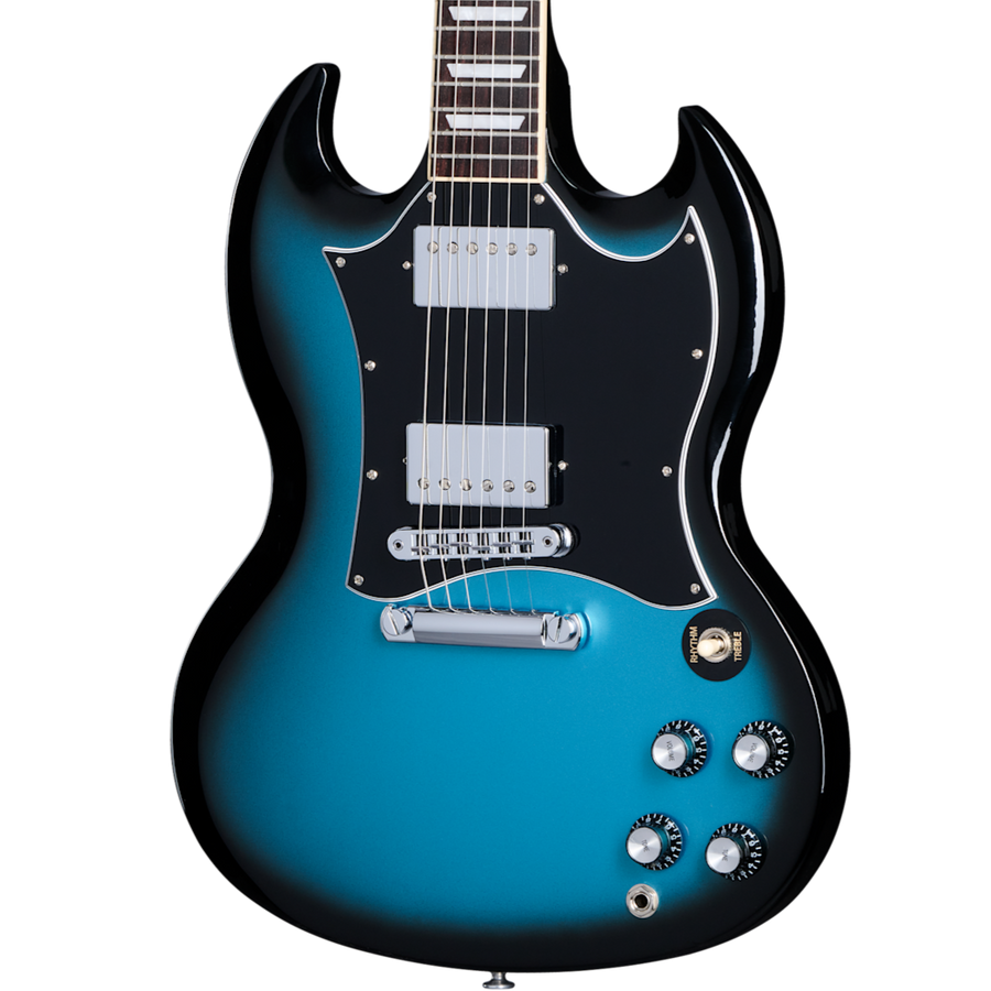 Electric guitar with a metallic blue-to-black gradient body, dual chrome humbucker pickups, four black control knobs, and a black pickguard.