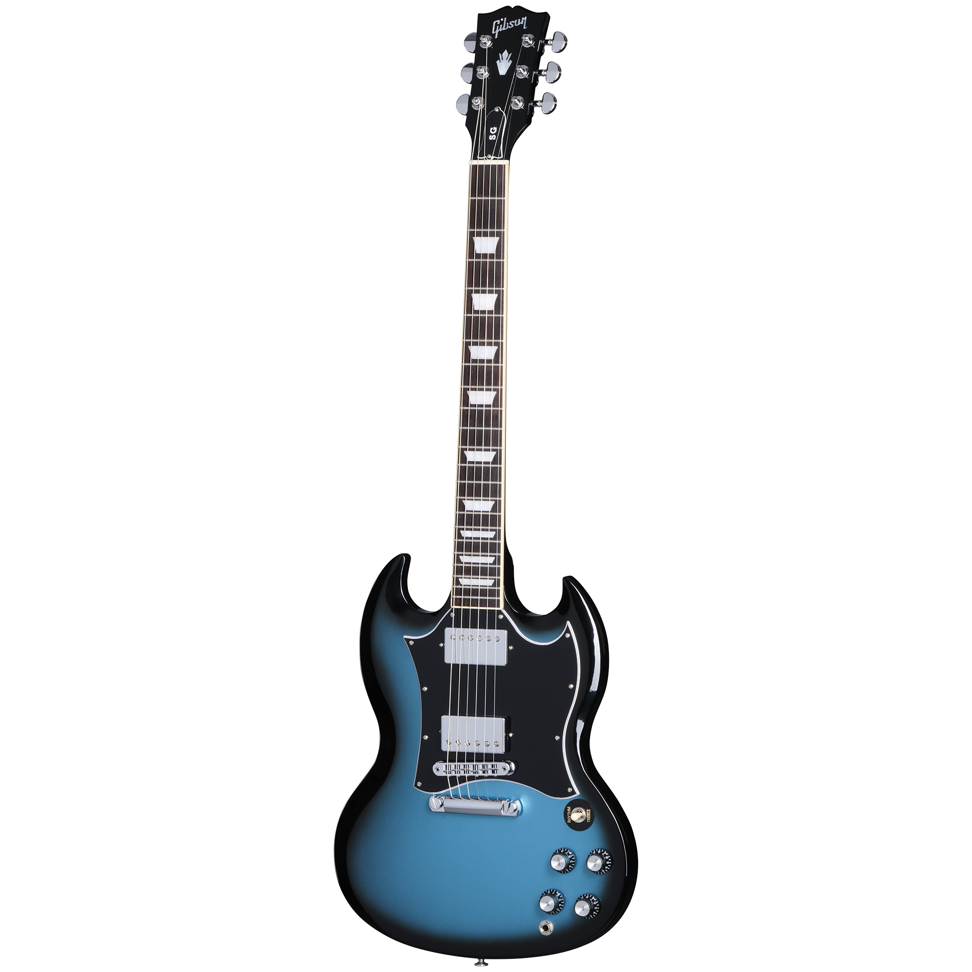 Blue and black Gibson electric guitar with double cutaway body, chrome hardware, black pickguard, four control knobs, and rectangular inlays on the neck.
