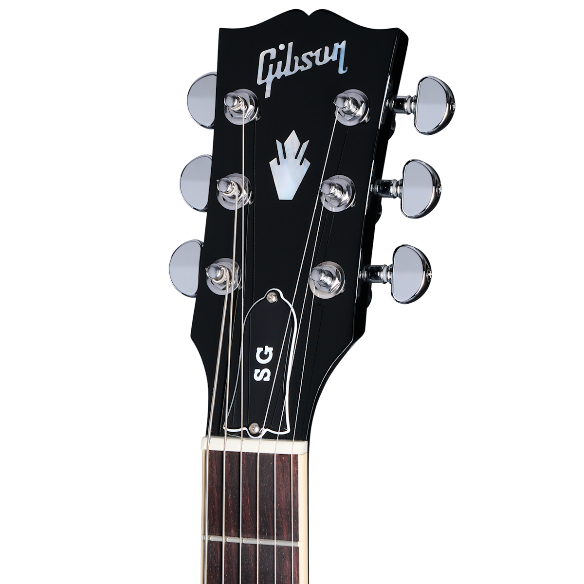 Close-up of a Gibson SG electric guitar headstock, showing six tuning pegs, logo, decorative inlay, and "SG" truss rod cover above the fretboard.