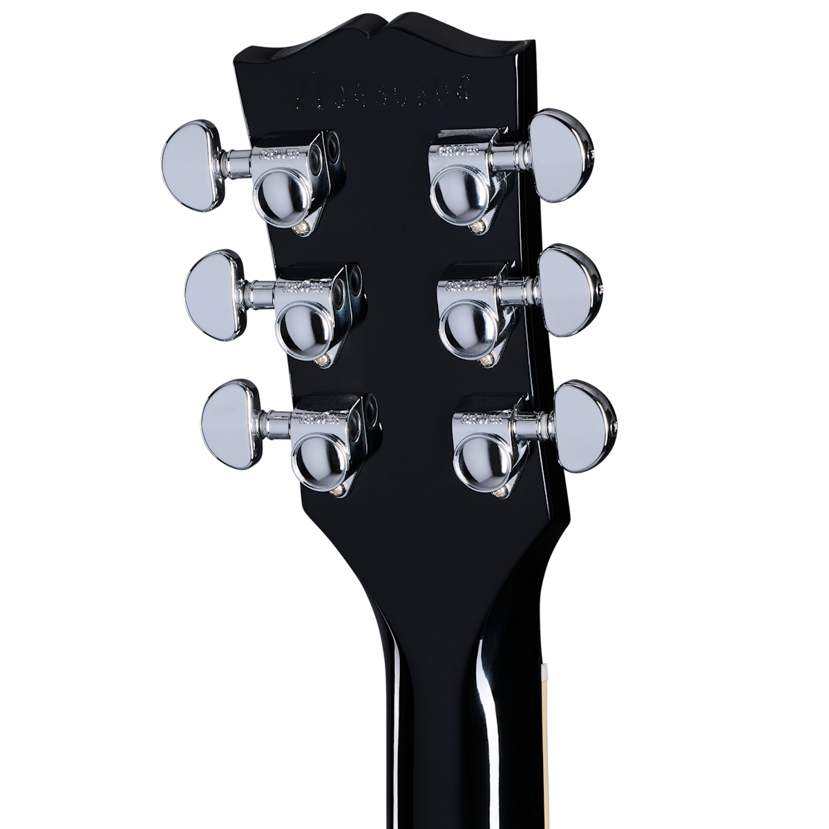 Six chrome tuning pegs on a glossy black electric guitar headstock, viewed from the back.