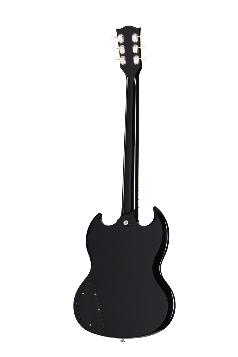 Rear view of a black Gibson electric guitar with a double cutaway body, six tuning pegs, and electronics cover plate on the lower back.