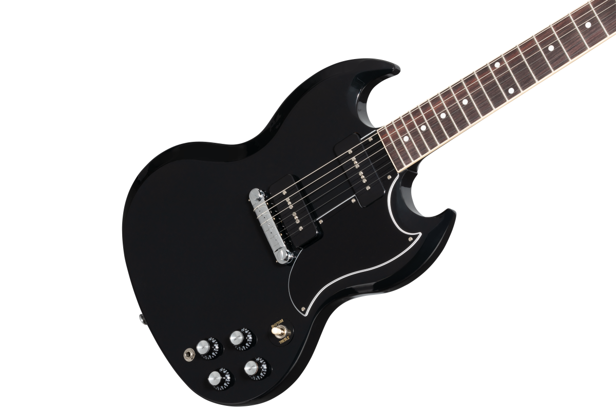 Glossy black Gibson electric guitar with double-cutaway body, four control knobs, pickup switch, two pickups, and a rosewood fretboard.