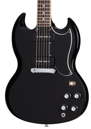 Black Gibson electric guitar with double cutaway body, two pickups, four black control knobs, and a glossy finish.