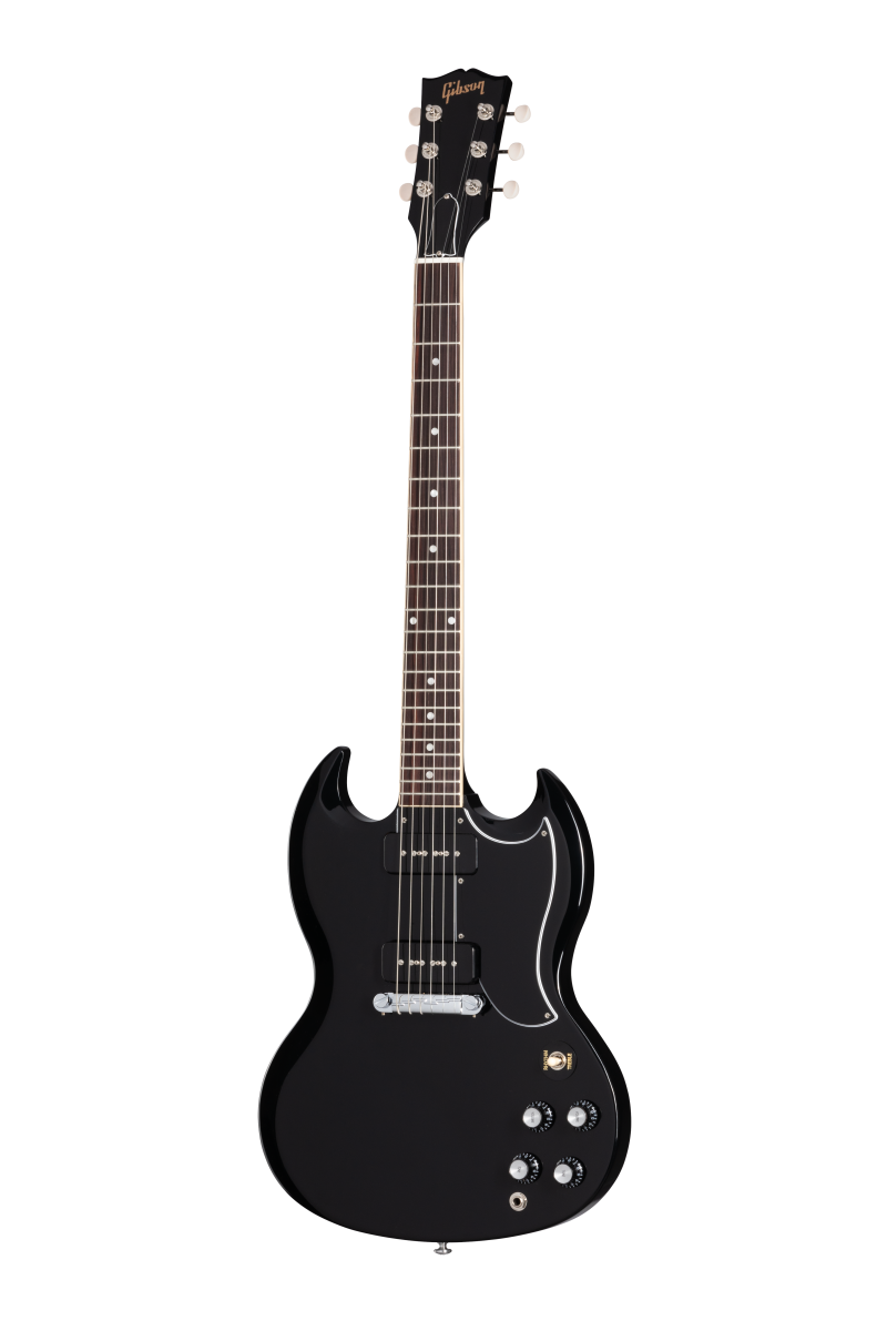 Black Gibson electric guitar with double cutaway body, two pickups, four control knobs, and a rosewood fretboard with dot inlays.