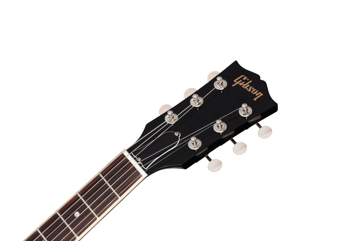 Black Gibson guitar headstock with six tuning pegs, white tuning knobs, and gold Gibson logo; part of fretboard visible.