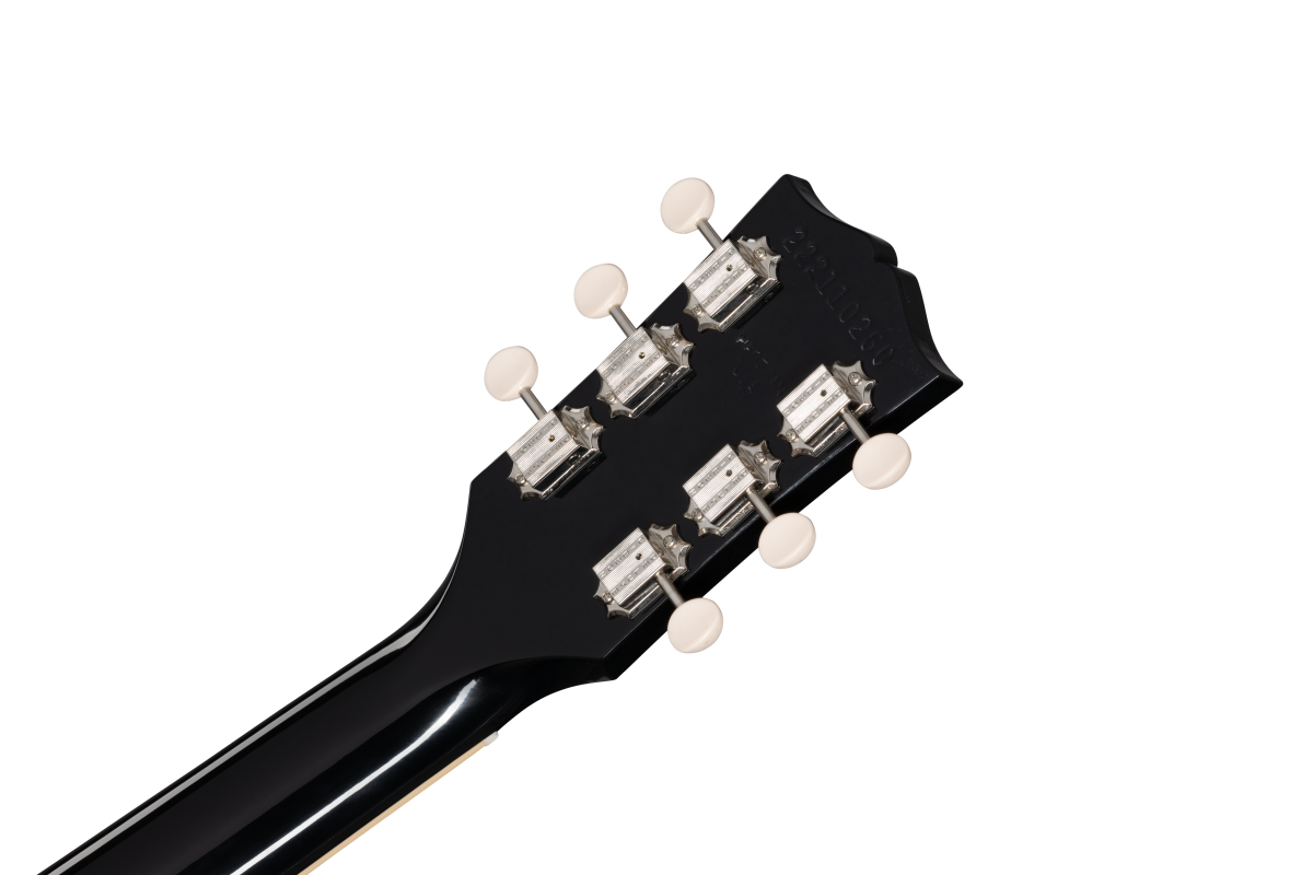 Back of a Gibson guitar headstock with a glossy black finish and six vintage-style tuning pegs with white knobs.