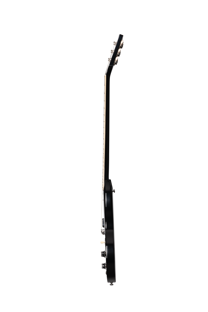 A black Gibson electric guitar shown from the side, highlighting the neck and the slim body thickness. Knobs and tuning pegs are partially visible.