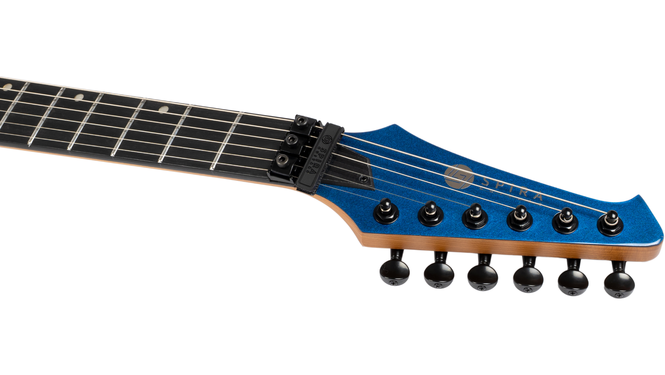 Blue electric guitar headstock with six black tuning pegs, locking nut, black fingerboard, silver frets, and "Spira" logo in gold.