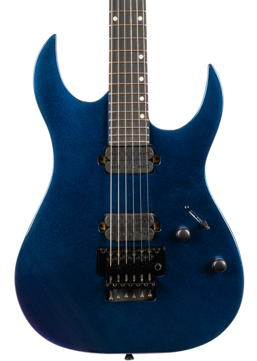 Metallic blue electric guitar with two black humbucker pickups, a tremolo bridge, three control knobs, and a double cutaway body shape.