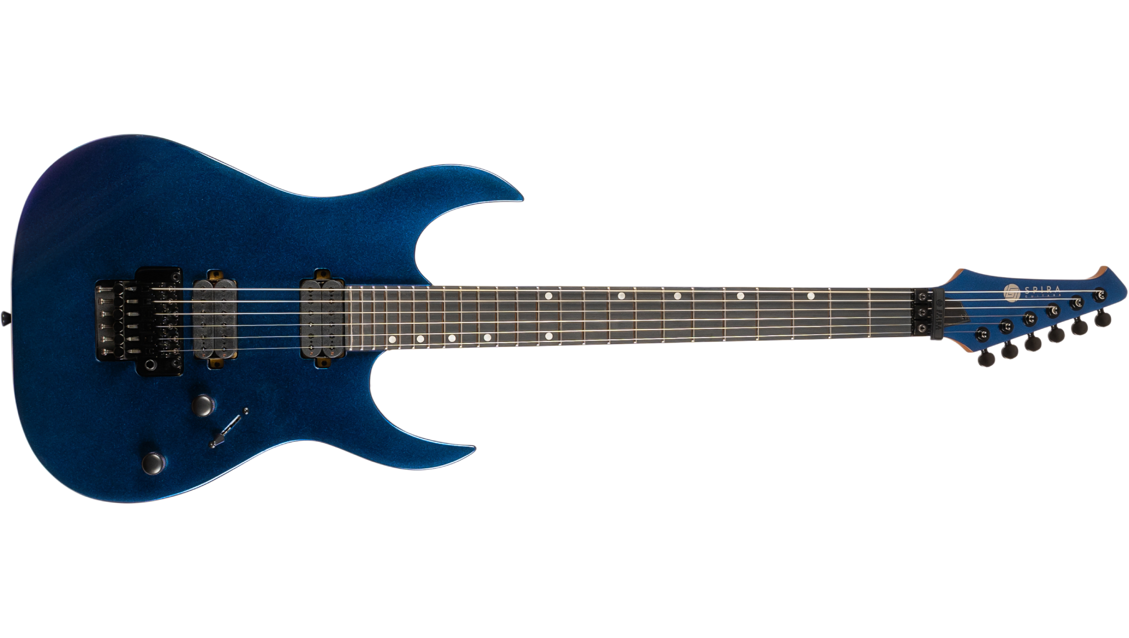 Blue solid-body electric guitar with two humbucker pickups, 24-fret neck, six tuning pegs in line, and a double-cutaway design.