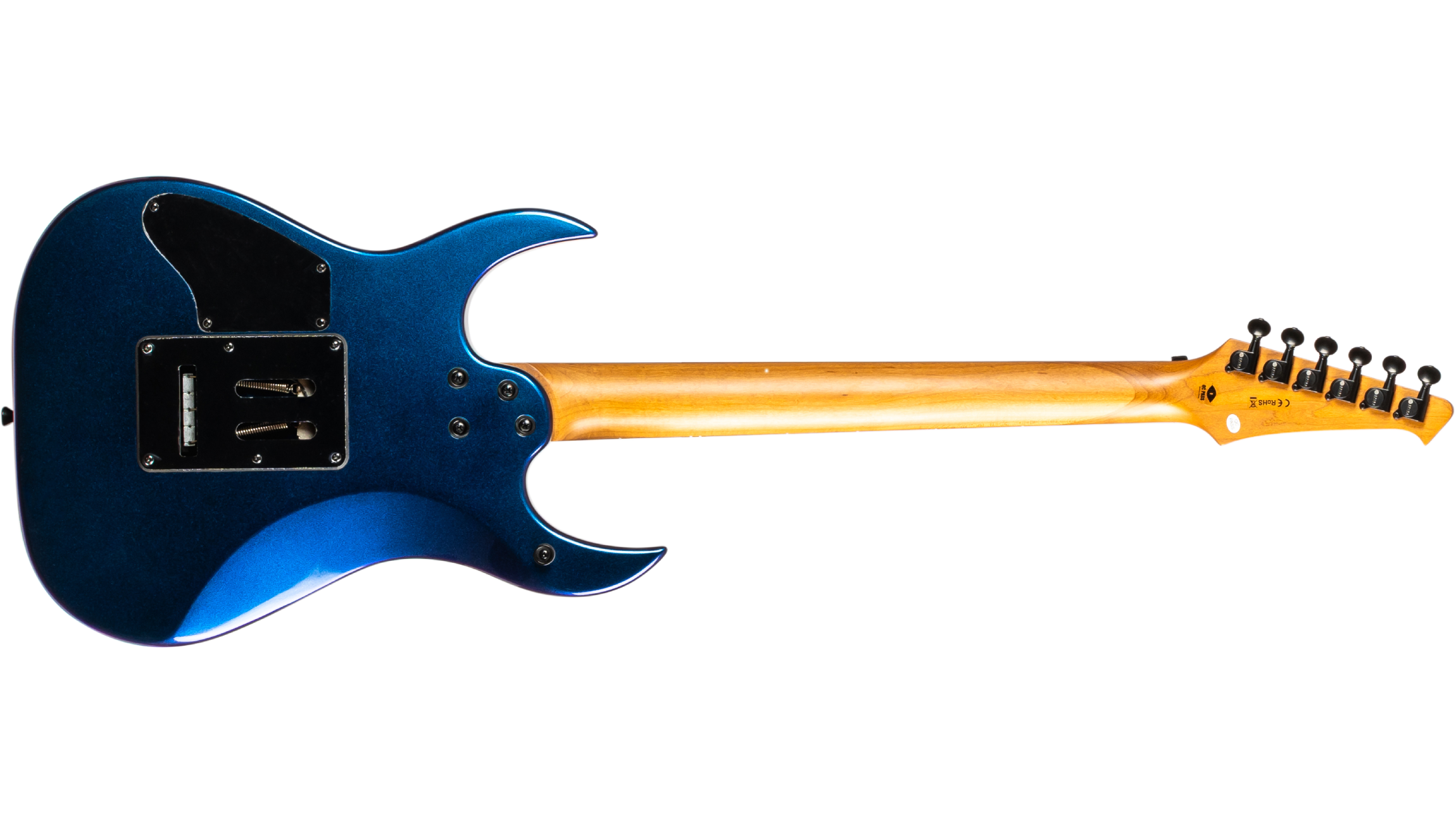 Blue electric guitar shown from the back, with a natural wood neck and black tuning pegs, two black plastic covers on the body.