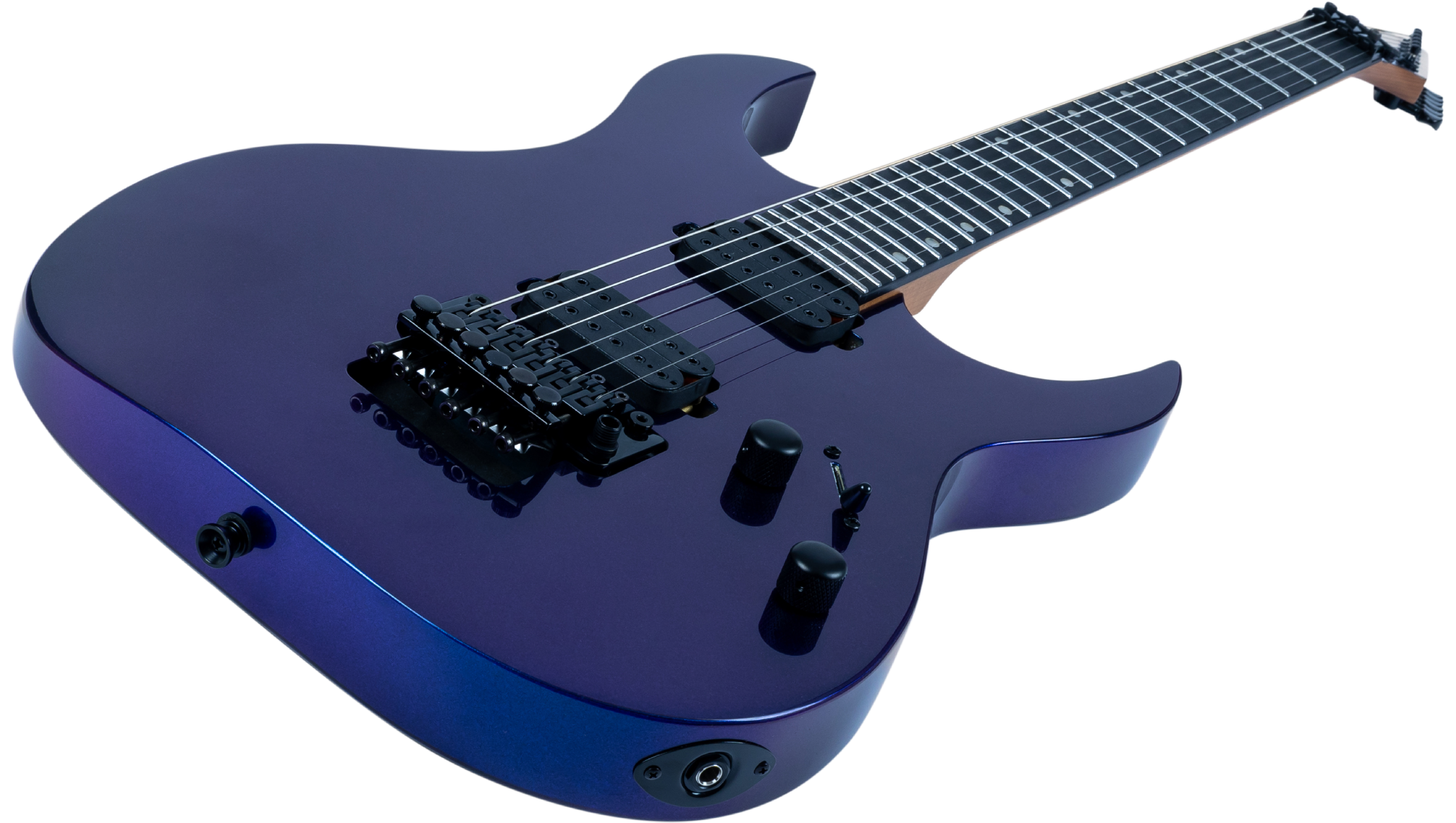 Metallic purple electric guitar with two humbucker pickups, black knobs, switch, and a locking tremolo bridge system.