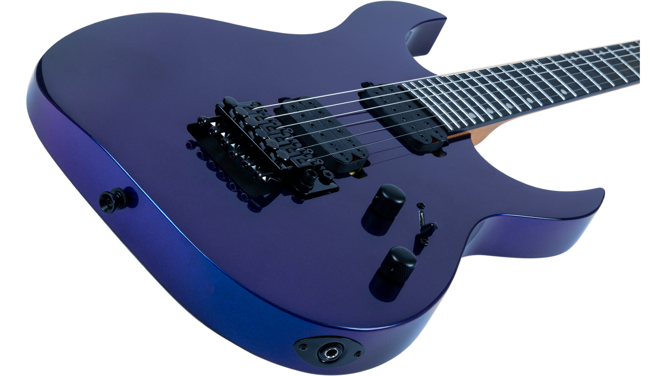 Metallic purple electric guitar with two humbucker pickups, a black Floyd Rose tremolo bridge, two control knobs, and a switch.