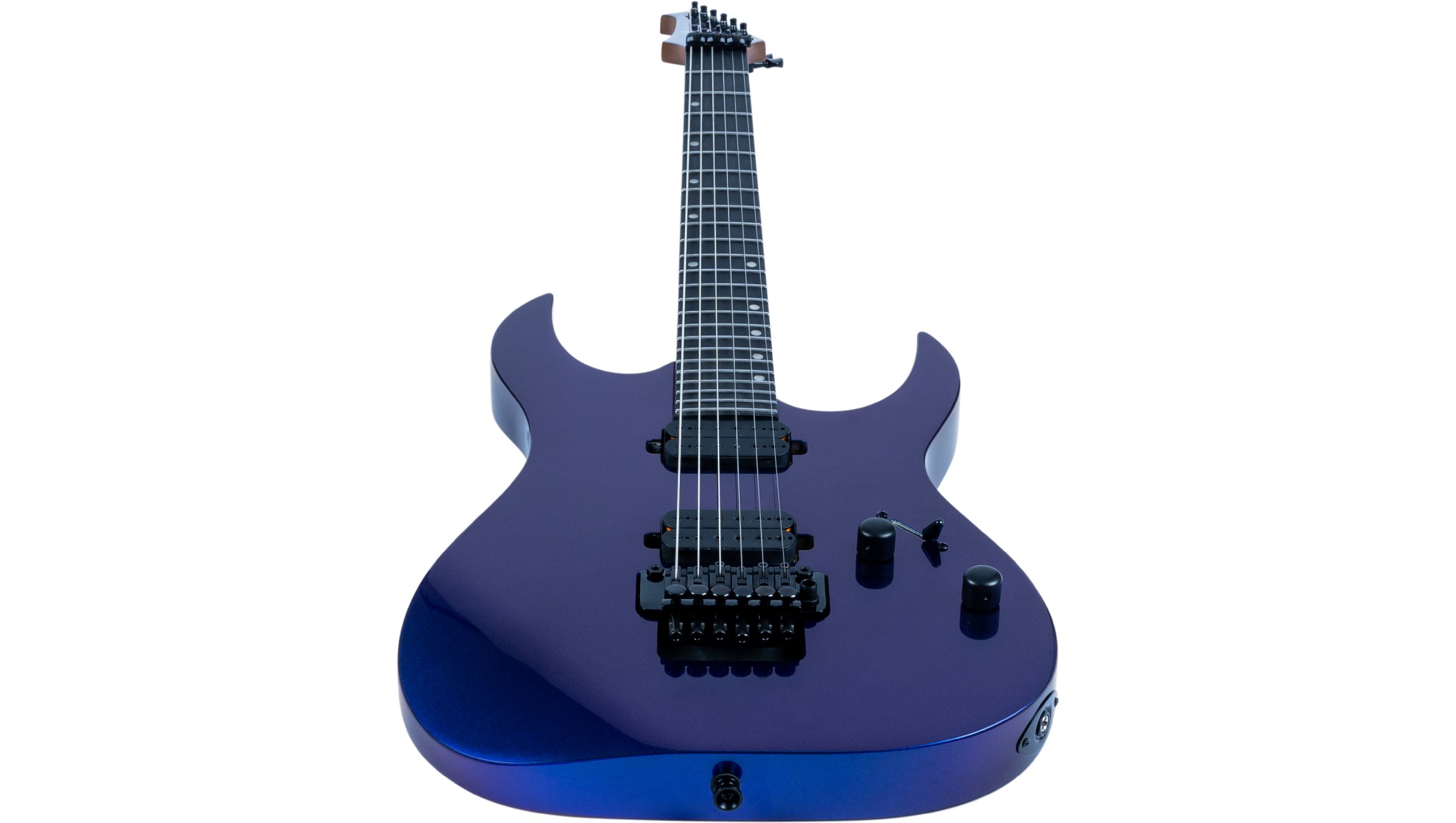 Metallic blue electric guitar, double cutaway body, two humbucker pickups, black hardware, three control knobs, and a tremolo bridge.
