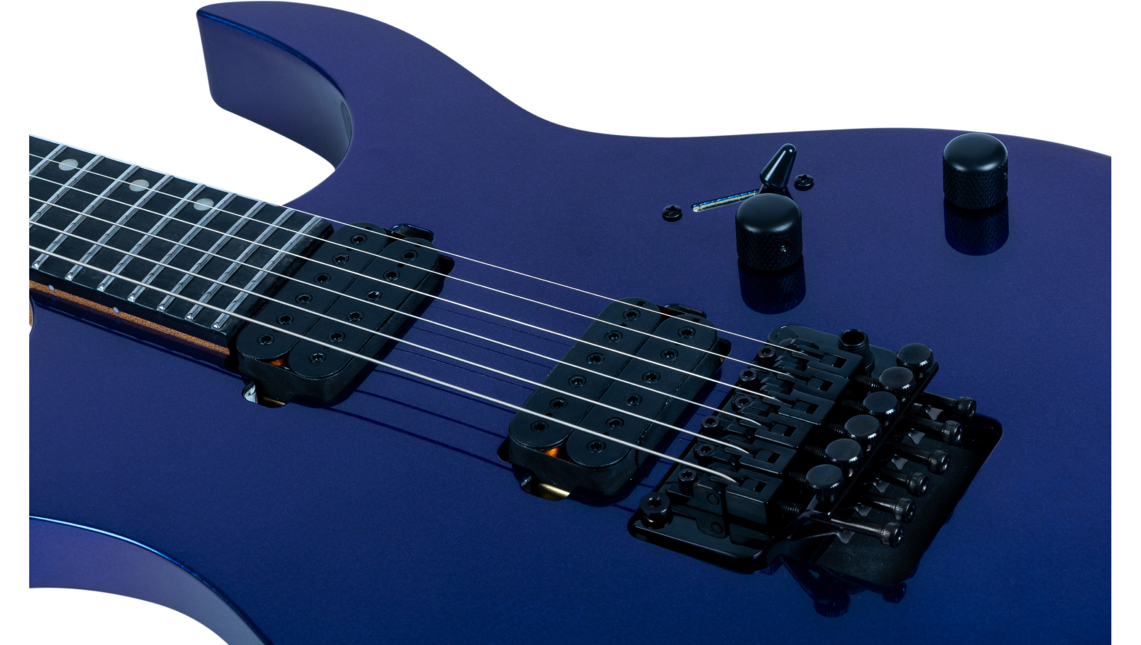 Deep blue electric guitar body with two black humbucker pickups, a tremolo bridge, two control knobs, and a pickup selector switch.
