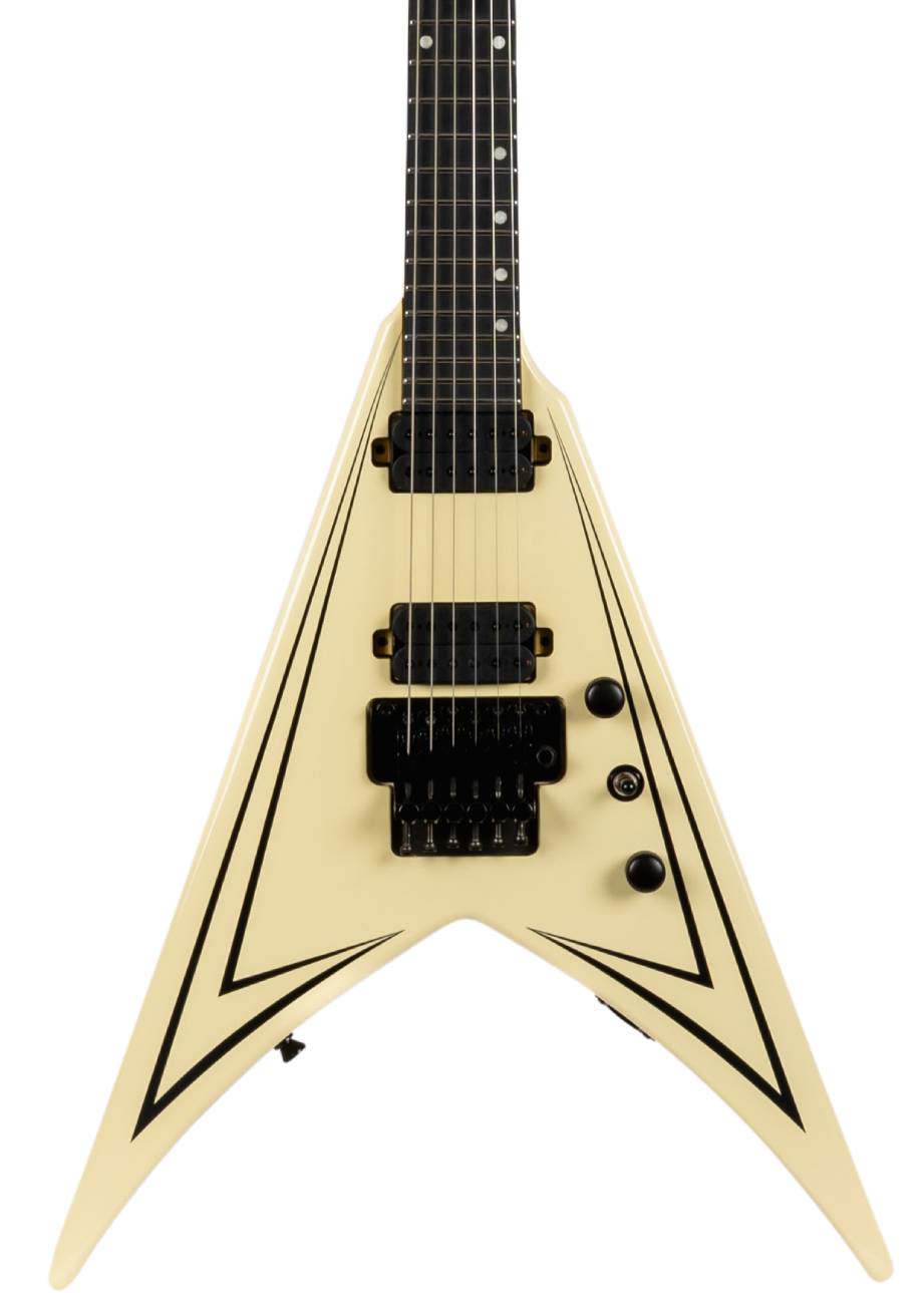Pointed V-shaped electric guitar in cream color with two black pickups, black hardware, and sharp black geometric lines outlining the body edges.
