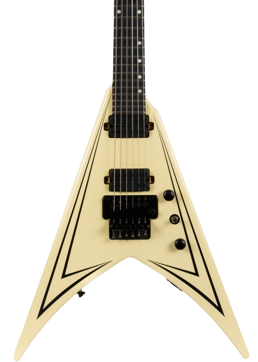Pointed V-shaped electric guitar in cream color with two black pickups, black hardware, and sharp black geometric lines outlining the body edges.
