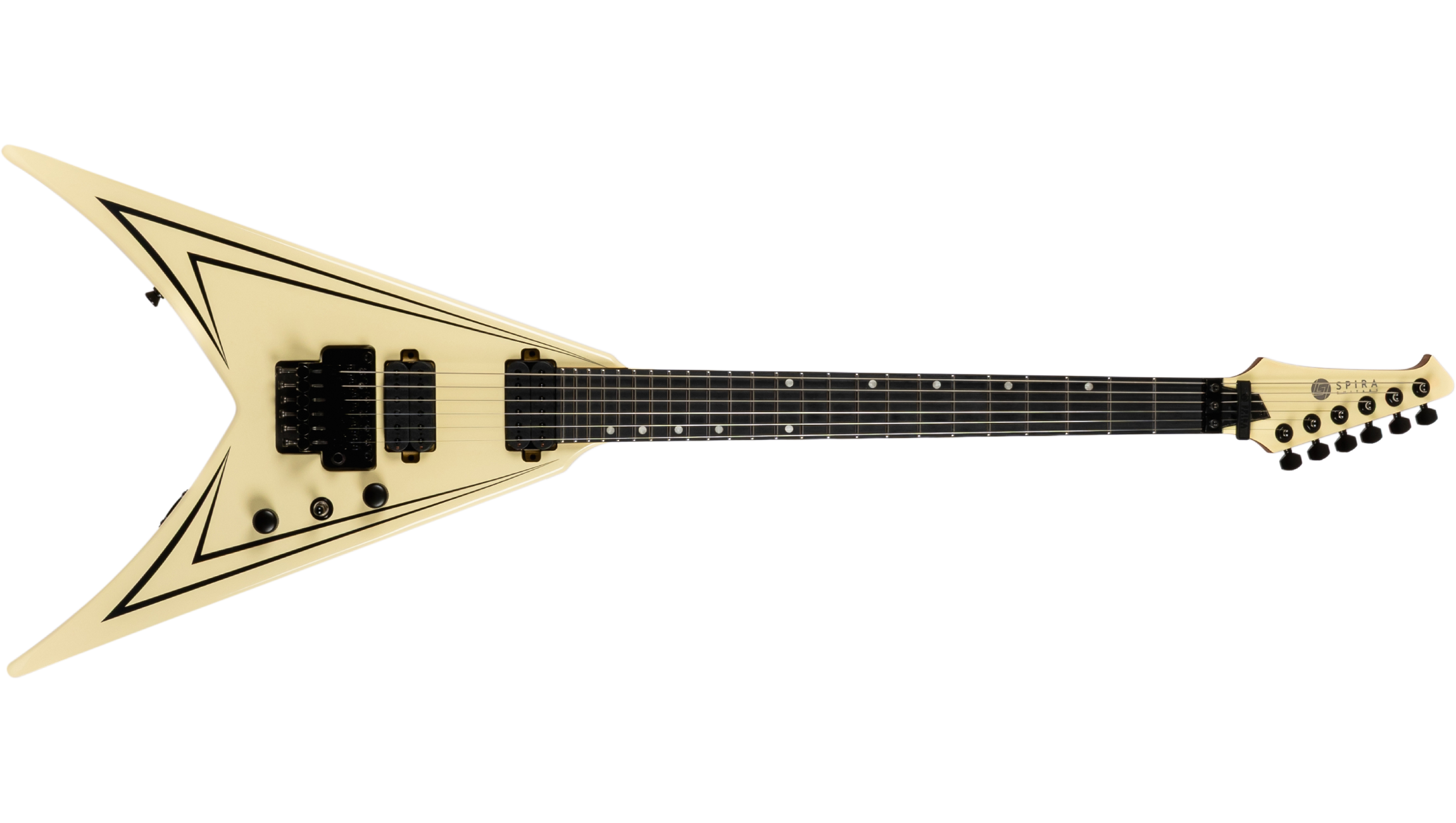 Cream-colored electric guitar with a sharp V-shaped body, black hardware, black pickups, and thin black stripes outlining the body’s edges.