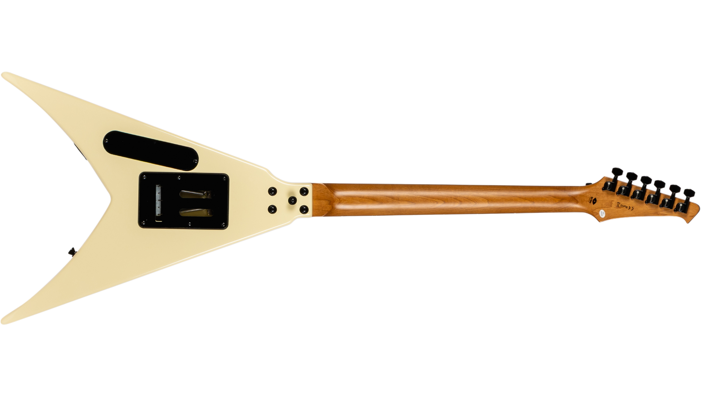 Cream V-shaped electric guitar viewed from the back, showing a natural wood neck, black tuning pegs, and two black access panels on the body.