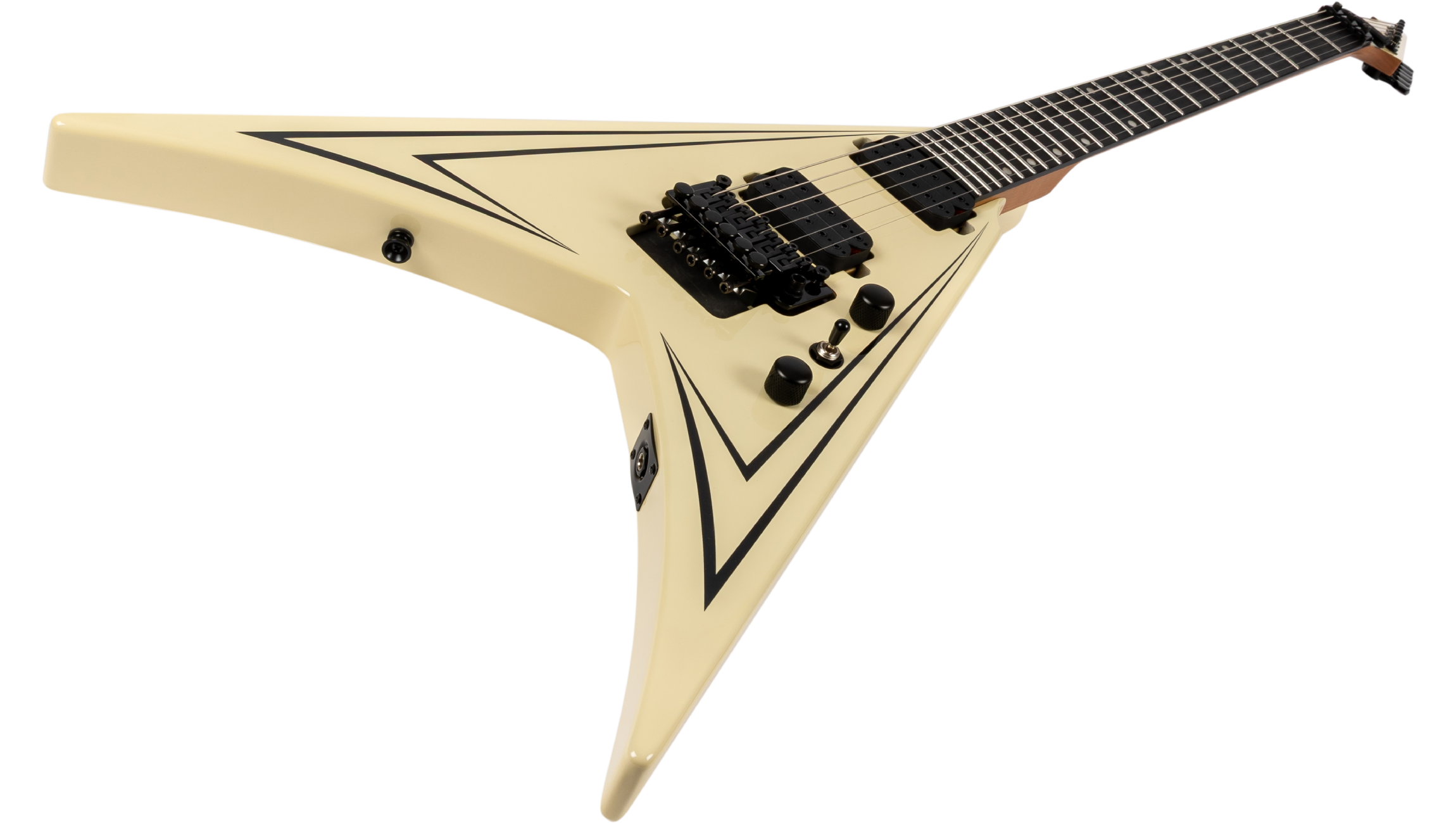 Cream-colored electric guitar with a sharp V-shaped body, black pickups, knobs, and angular black pinstripe accents.
