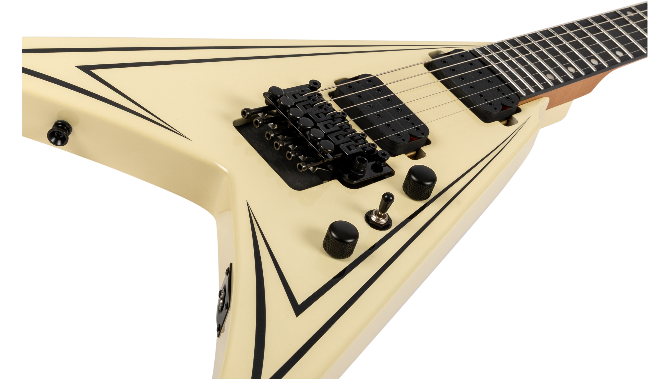 Cream-colored V-shaped electric guitar with black pickups, knobs, and sharp black pinstripe accents on the body.
