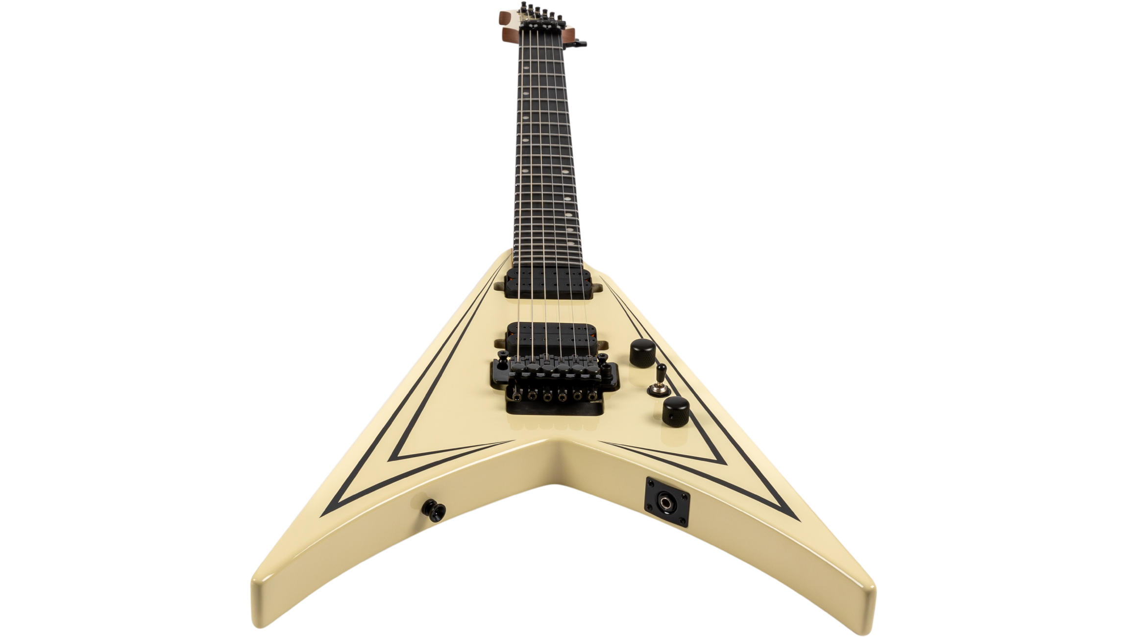 Cream-colored V-shaped electric guitar with black pinstripes, two humbuckers, a tremolo bridge, and black control knobs.