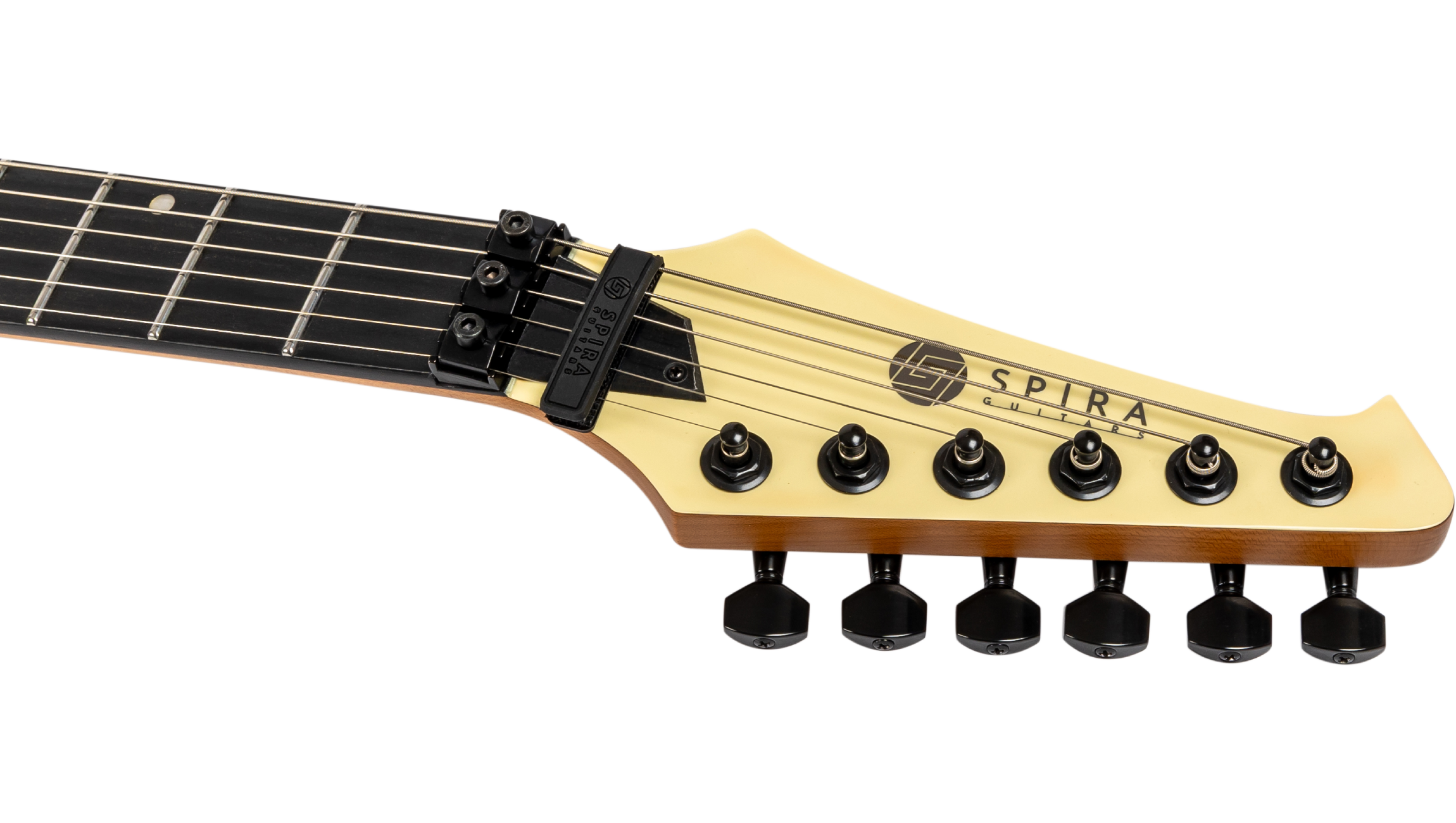 Cream-colored SPIRA electric guitar headstock with black locking nut, six tuning pegs, string retainer bar, and black logo on the headstock face.