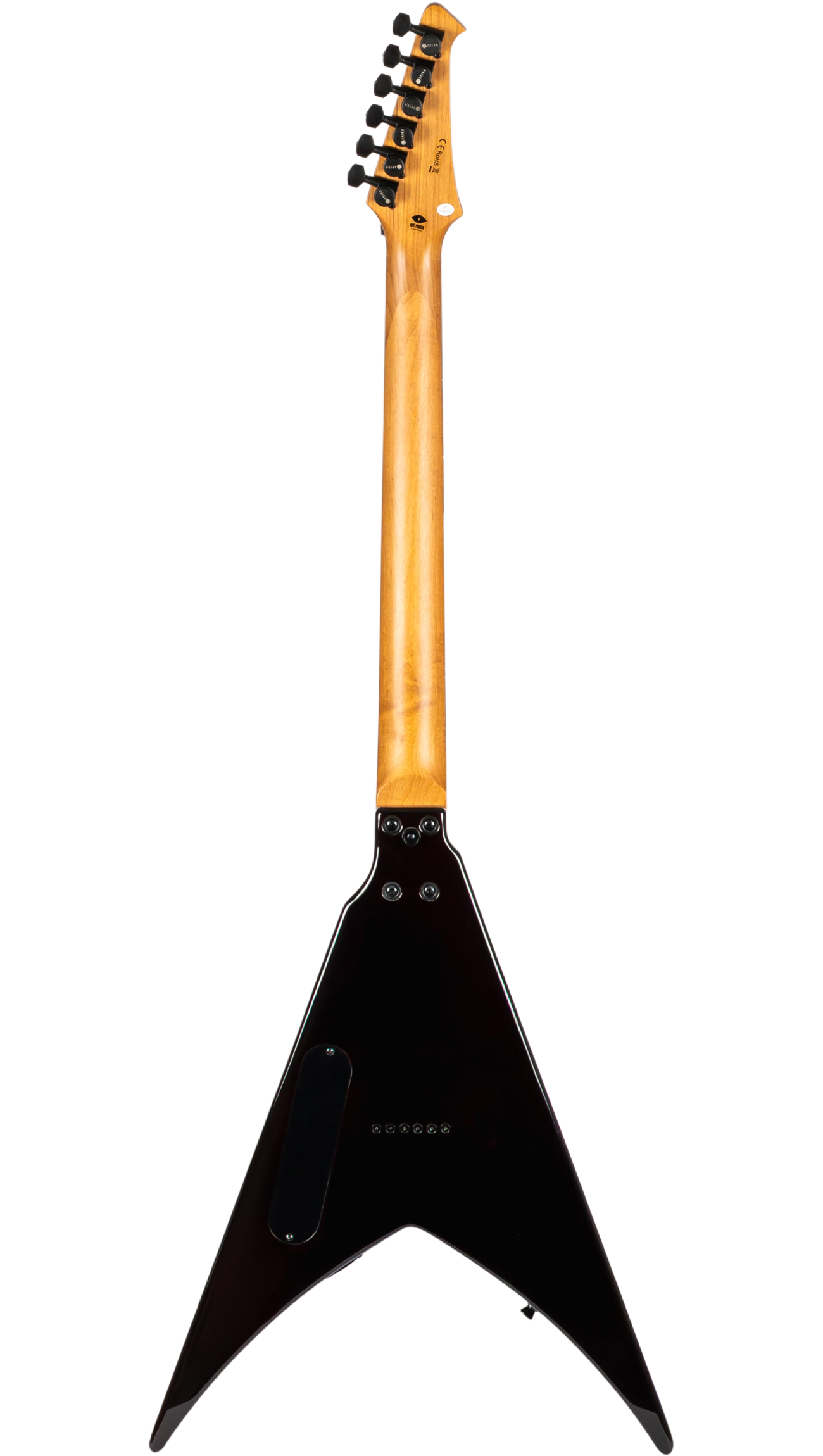 Reverse view of a V-shaped electric guitar; natural wood neck, black body, six black tuning pegs, and back panel access plate visible.