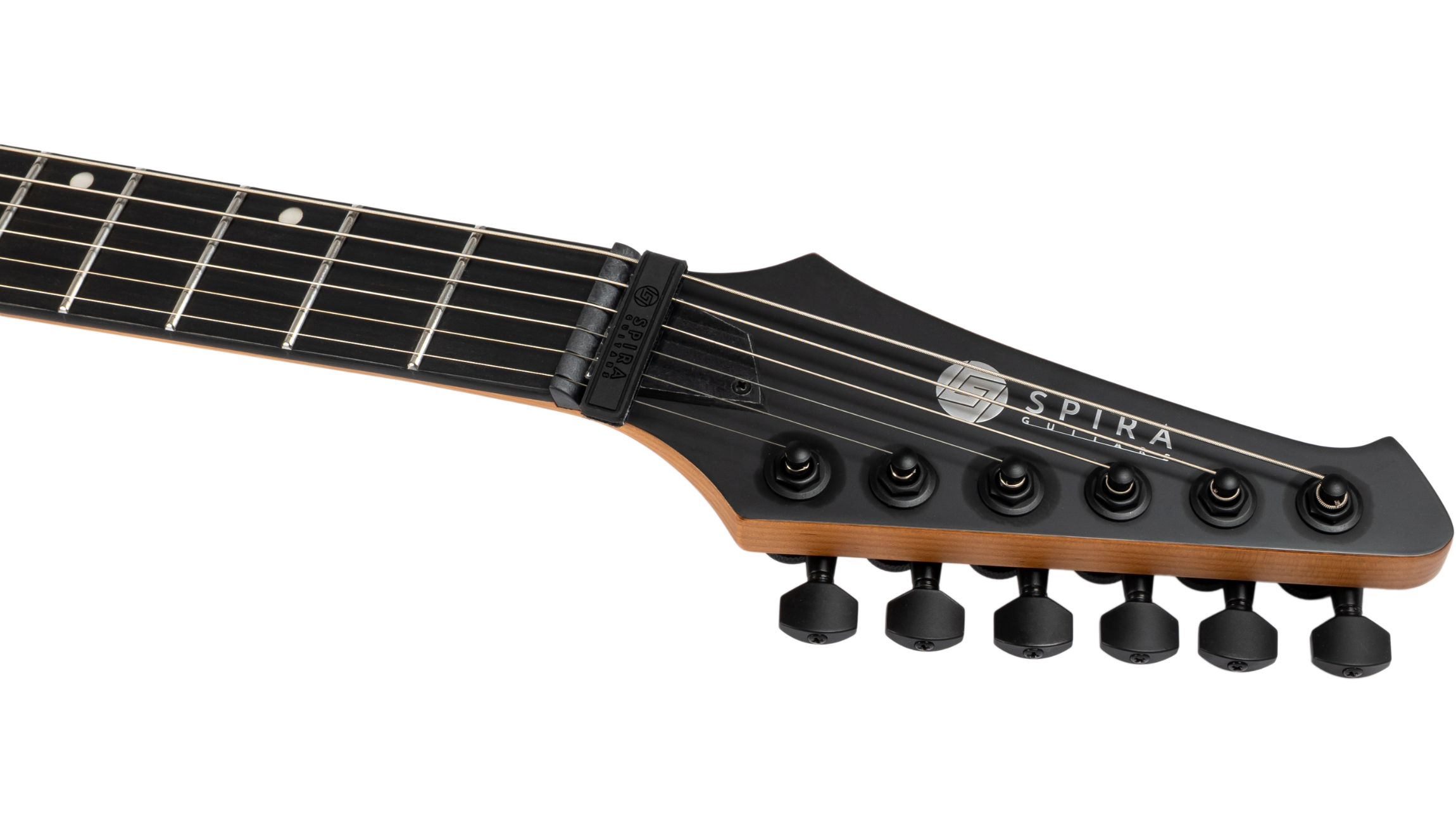 Six-string electric guitar headstock with black tuning pegs, black nut, and the Spira Guitars logo on a matte black finish.