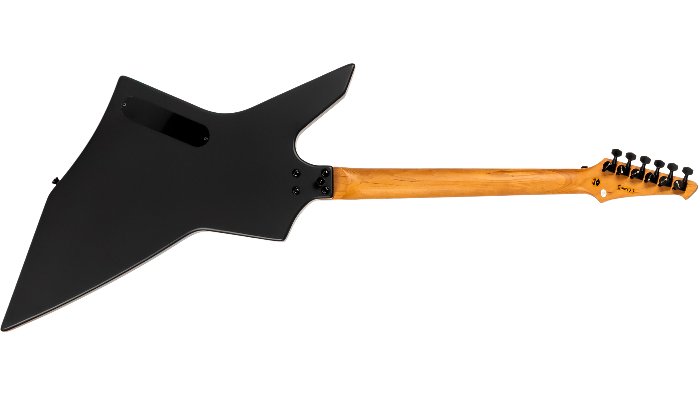 Electric guitar with a sharp, angular matte black body and a natural wood neck, viewed from the back showing six black tuning pegs.